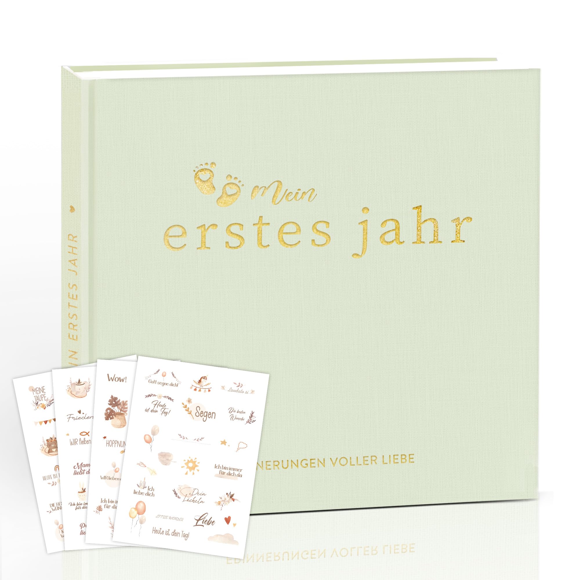 Baby Erinnerungsbuch Grün – Babyalbum für das erste Jahr, 84 Seiten zum Festhalten von Meilensteinen, Fotos & Erinnerungen, mit Stickern, Hardcover mit Goldfolie