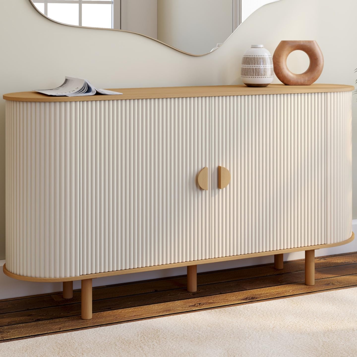 IDMarket - Buffet 140 cm KANEL 2 Portes Effet cannelé Beige et Bois