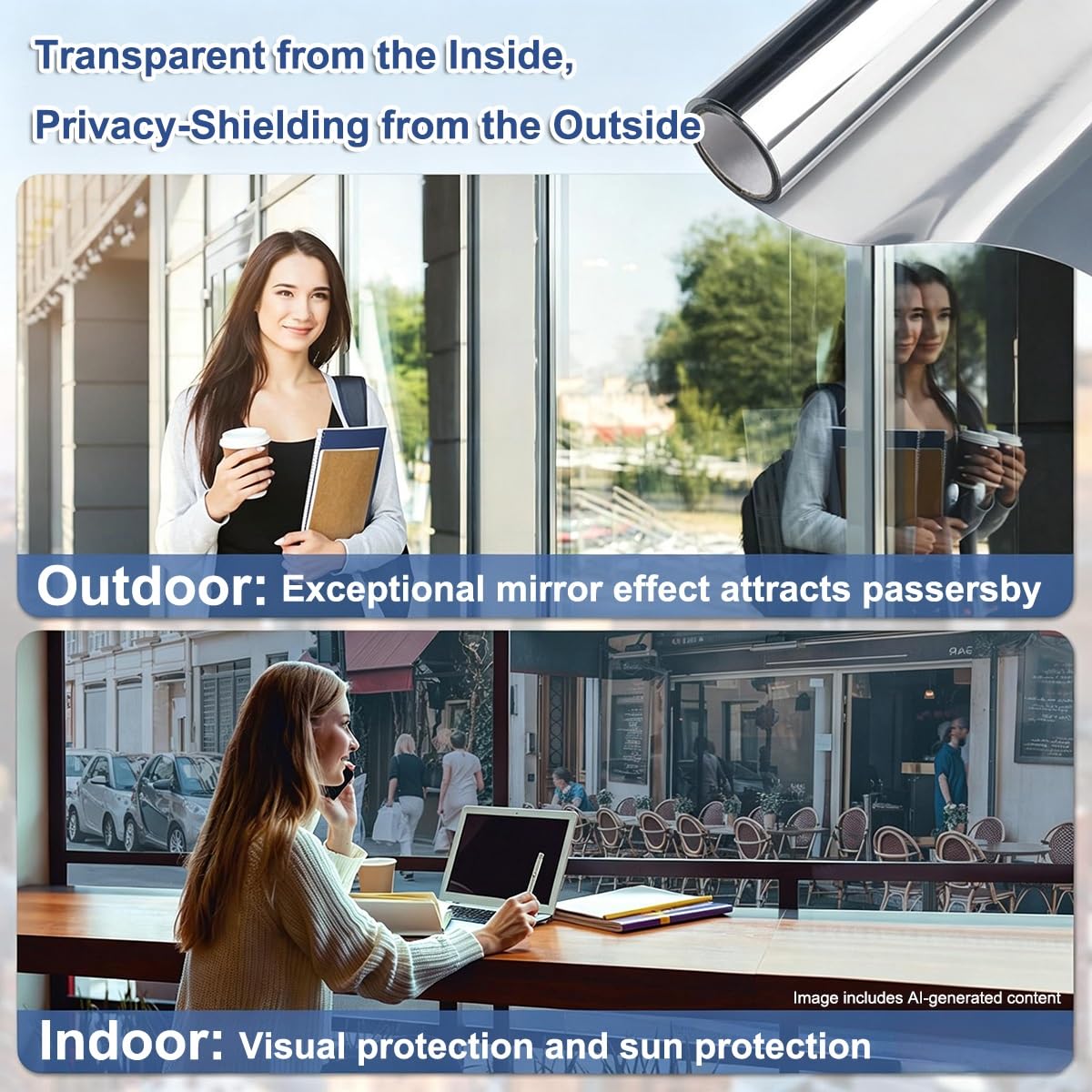 Vinilo Espejo Unidireccional para Ventana Lámina Protector Solar Privacidad | Lámina Resistente Al 99% De Los Rayos UV, Para Hogares Y Oficinas, Fácil De Instalar(Black-silver,120x200cm)