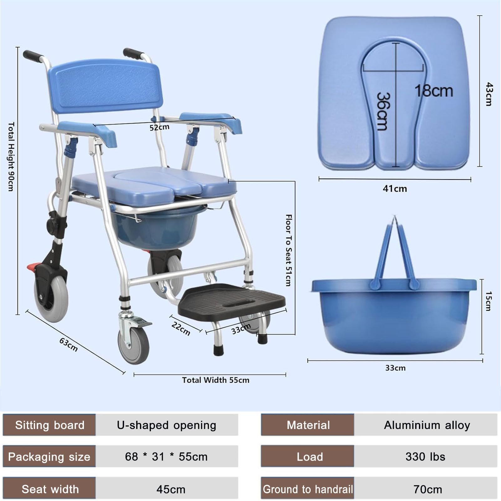 Silla para Ducha con Ruedas Plegable, Silla de Ducha para Personas Mayores con Reposabrazos y Respaldo para Personas Mayores, Embarazadas, Discapacitados, Carga Máxima 120 kg