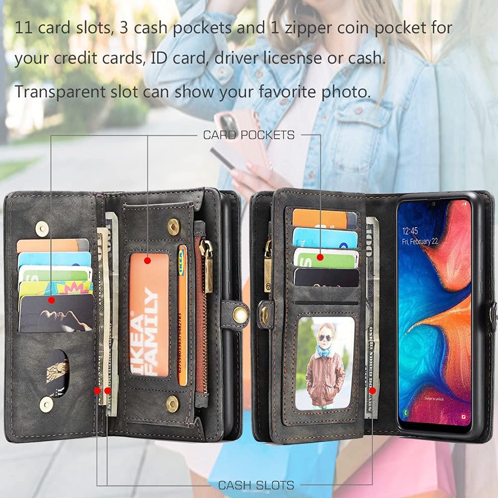 Blасk Frіdау Sаlе 2022 Harsel 11 Card Slots [Magnetic Closure] Detachable PU Leather Wallet Purse Book Case with Zipper Pocket Removable Protective Hard Silicone Case for Samsung Galaxy A20 A30 (Black)