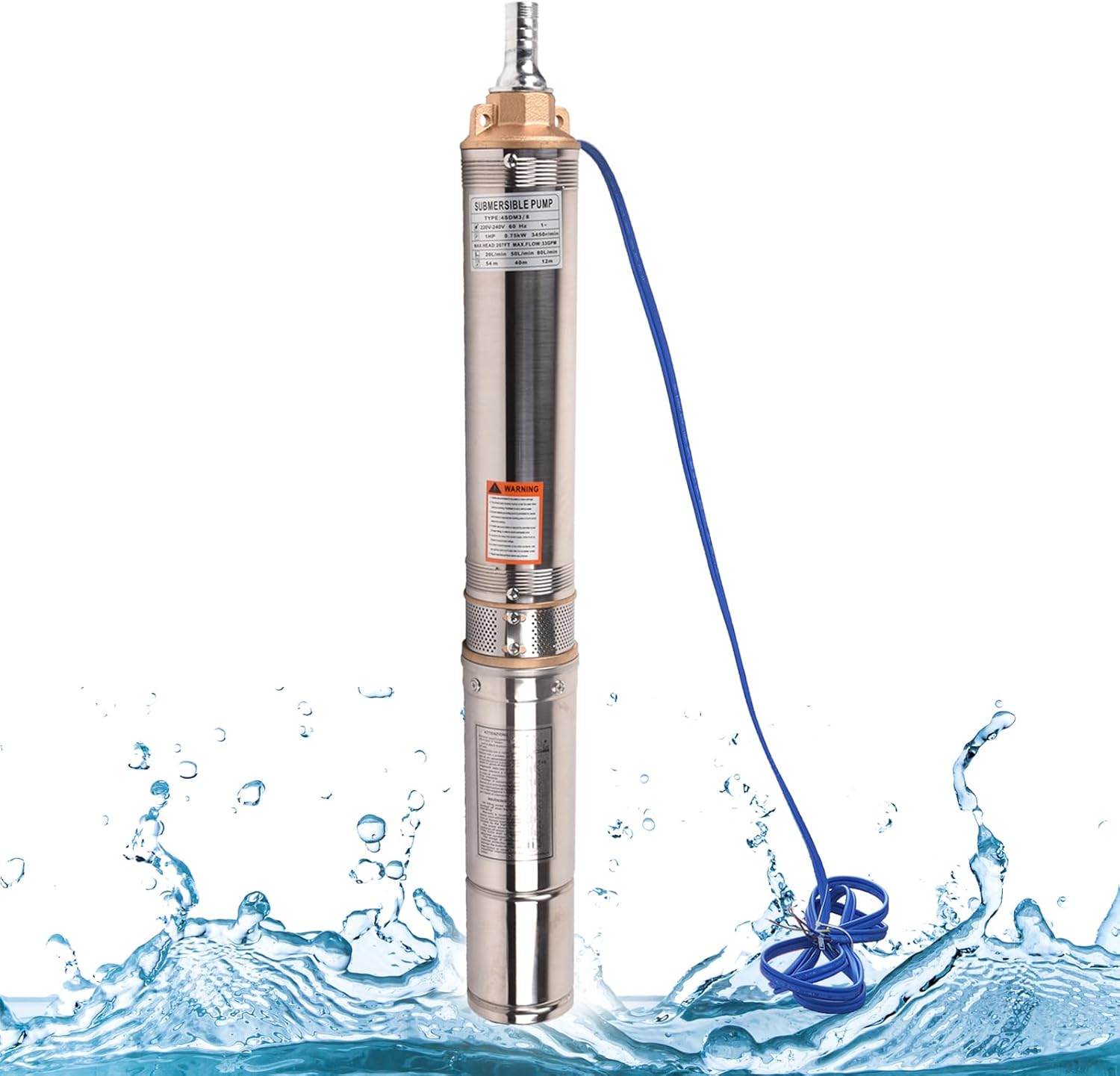 Doppy 4" Deep Well Submersible Pump, 1HP/220V/60Hz,207 Ft Head/33gpm,with 49 ft Electric Cord Stainless Steel Water Pump,With 1.25" NPT Connector, for Irrigation,Farms,Industrial,Home 1HP(220V)