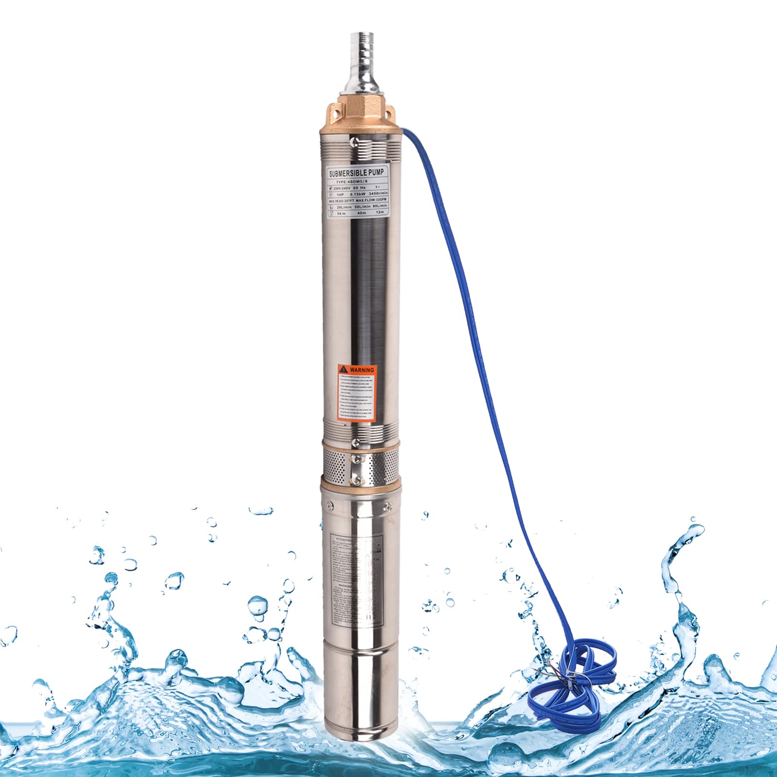 4" Deep Well Submersible Pump, 1HP/220V/60Hz,207 Ft Head/33gpm,with 49 ft Electric Cord Stainless Steel Water Pump,With 1.25" NPT Connector, for Irrigation,Farms,Industrial,Home