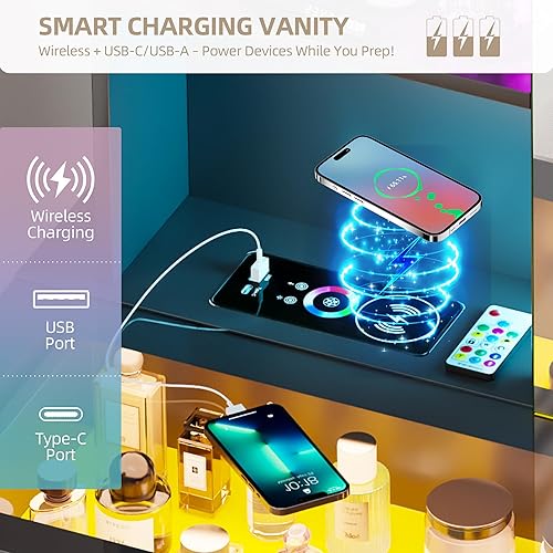 Miniatura 2 de Gurexl Escritorio RGB con espejo deslizante y luces LED, 7 dinámicos y 24 estáticos regulables con parte superior de cristal, tocador con estación