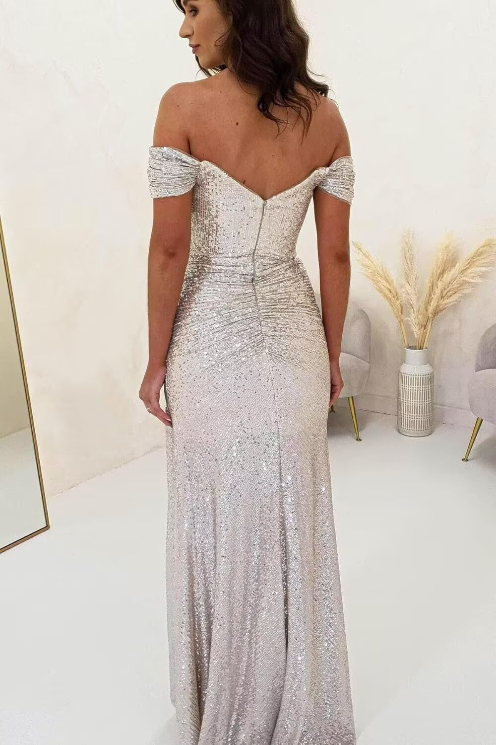 Off Shoulder Prom Dresses for Women 2025 Sequin Sparkly Mermaid Slit Floor Length Formal Evening Dress