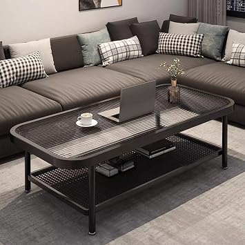 Glass Coffee Table Rectangular Black Metal Frame, 2 Tier Modern Sofa End Table with Adjustable Foot Pad Storage, Living Room, Apartment, Balcony, Easy to Assemble, 120*50*40cm90*50*40cm