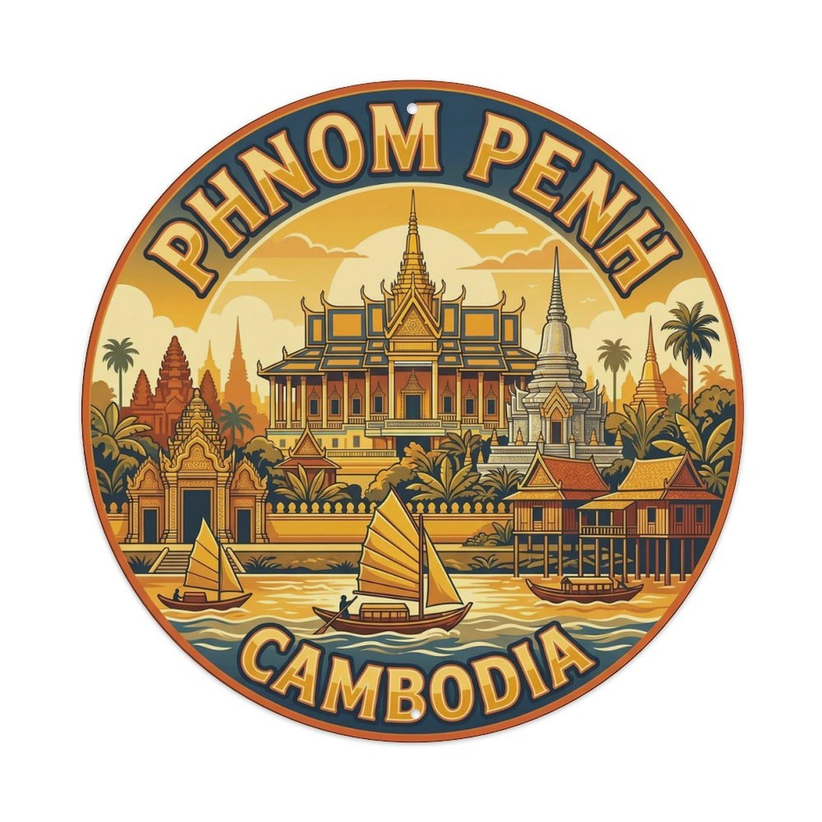 Vintage Travel Phnom Penh Cambodia Palace Vintage Metal Tin Sign Plaque Wall Decor for Cafe, Club Bar, Office, Garden Metal Poster 8x8Inch