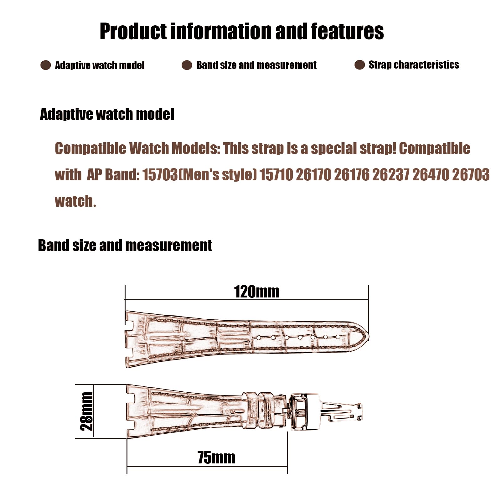XIW Compatible for 28mm Audemars Piguet AP Royal Oak Offshore Watch 15703 15710 15400 26470 26400 Leather Watch Band Replacement for men Silicone Wirstband Strap women Bracelet, Brown (Black Band)