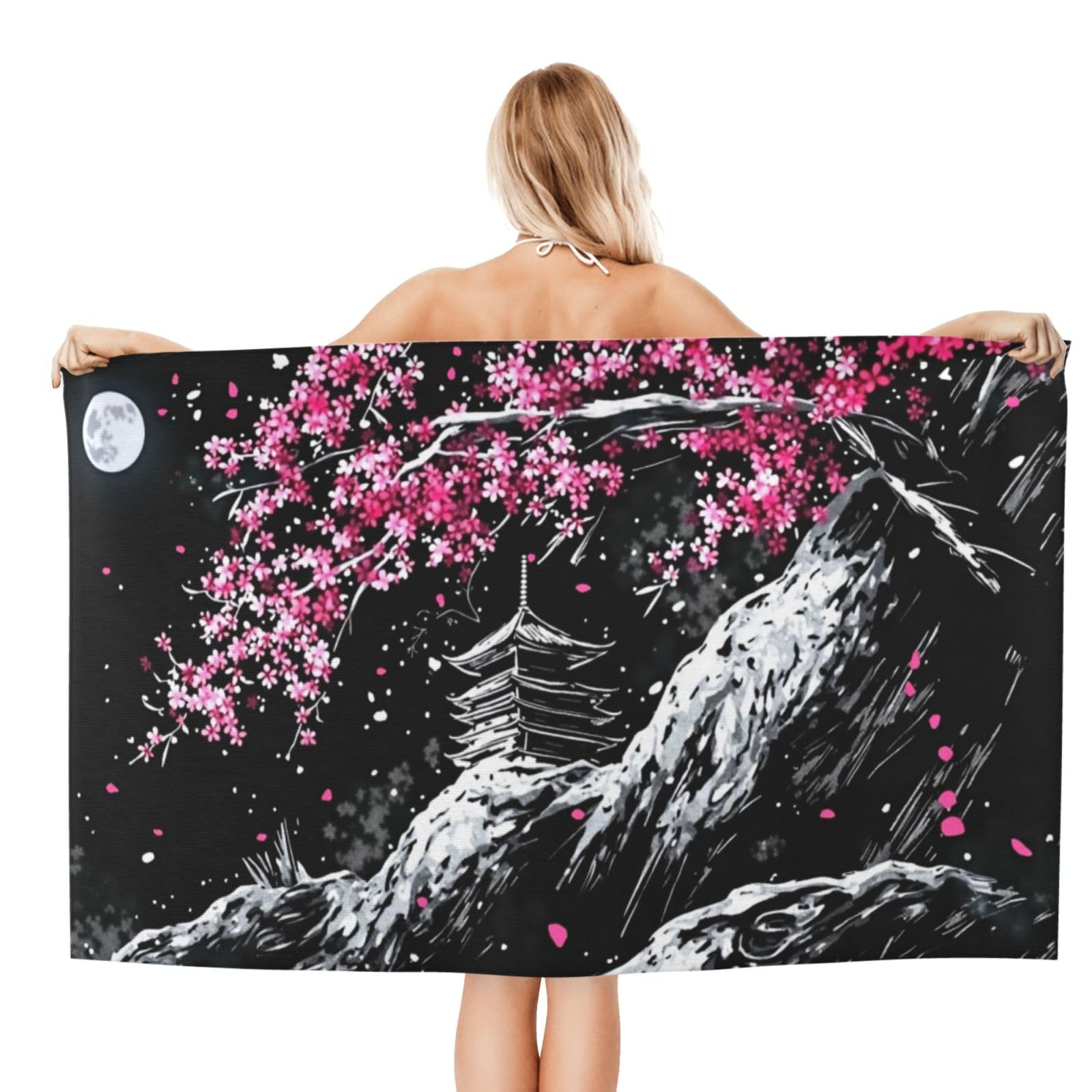 Anceky Beach Towel for Women, Cherry Blossom Moon Night Sand-Free Microfiber Ultra Soft Lightweight Bath Towels for Outdoor Bathroom Swimming 32"X52"