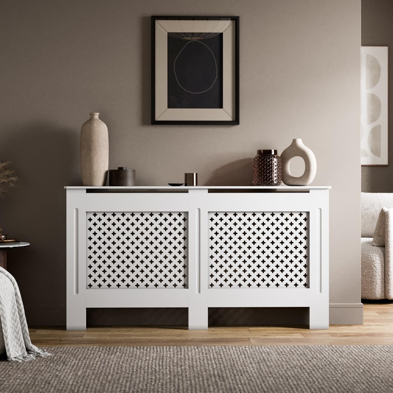 Radiant Living Radiator Cover Diamond Cross Pattern, Modern White MDF Radiator Cabinet for Living Room & Bedroom, Large 152 x 81.5 x 19cm