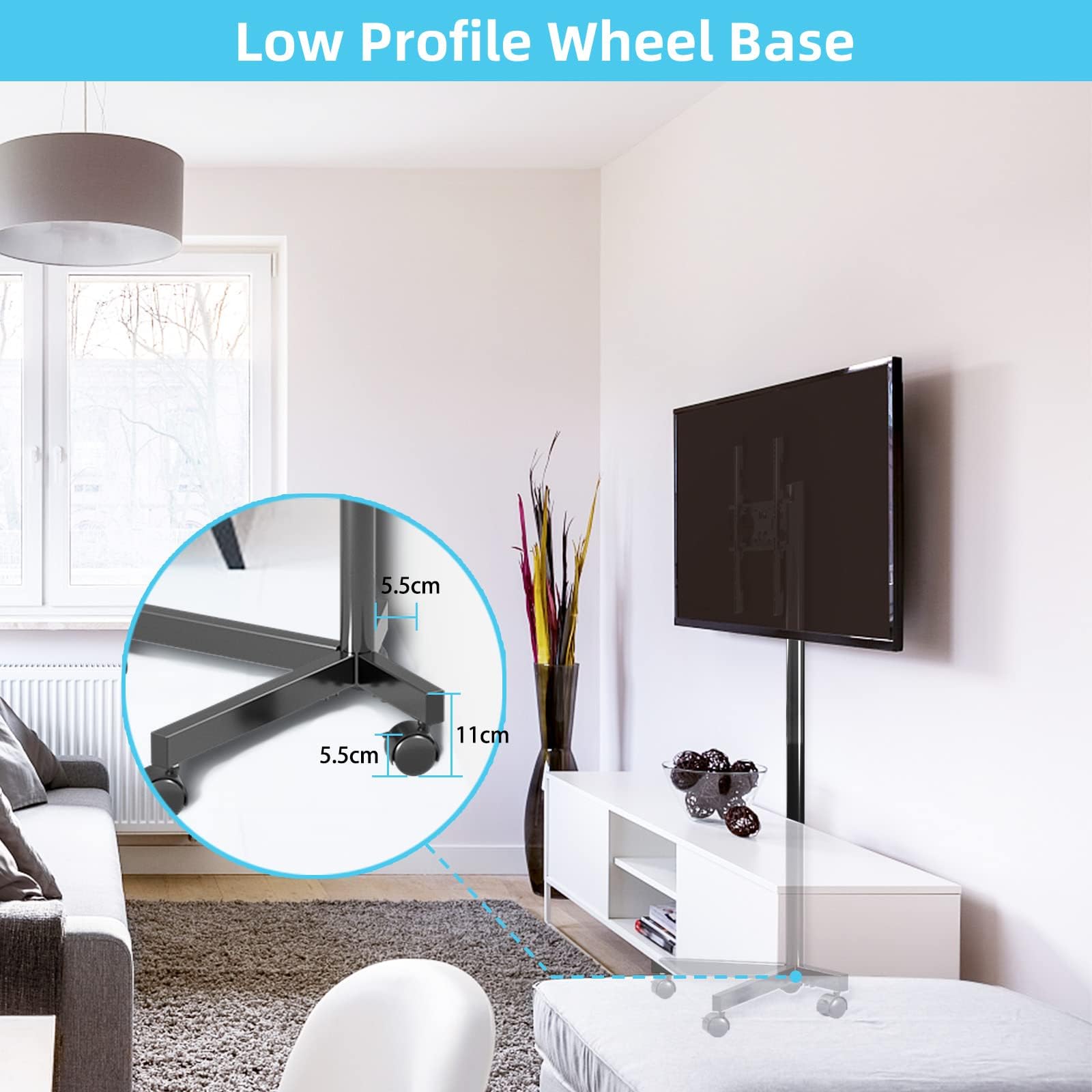 TABOJS TV Móvil con Ruedas, Soporte Portátil para Pantallas Planas/Curvas de 21-60" hasta 35kg, Soporte para TV de Altura Ajustable con VESA 400x400 mm, Soporte para TV con Ruedas para Fácil