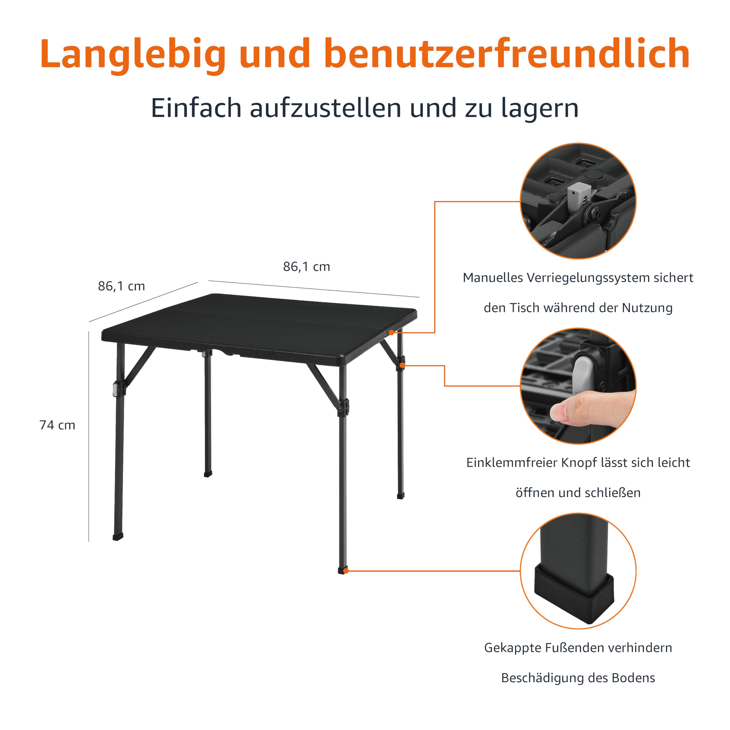 Amazon Basics Klapptisch, quadratisch, mit Tragegriff, für drinnen und draußen, tragbar, leicht, Reisetisch, Picknick, Camping, Schwarz, 86,1 x 86,1 x 73,9 cm