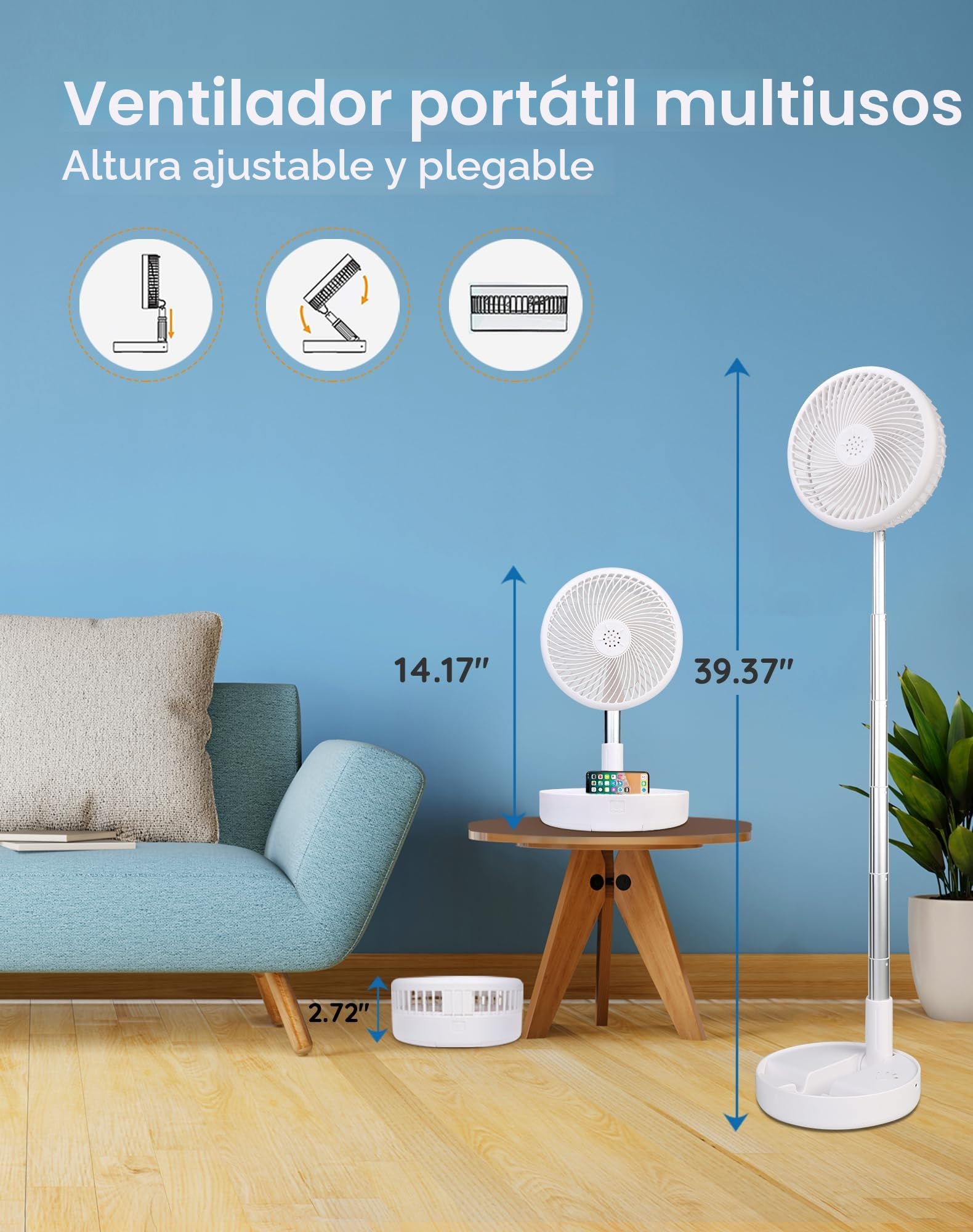Primevolve Ventilador de Pie Portátil con Remoto, Sin Oscilación y Dirección Fija - 8'' Plegable Suelo/Mesa, 7200mAh USB-C para Viajes y Camping, Silencioso para Dormitorio u Oficina - Blanco