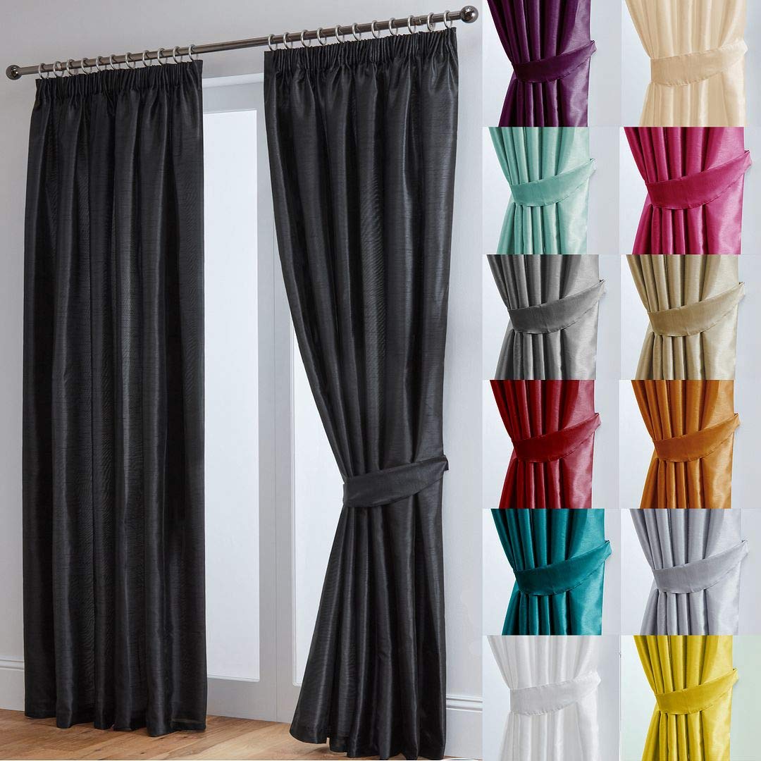 John Aird Black Luxury Faux Silk Fully Lined Pencil Pleat Curtains With Matching Tie Backs (, 168Cm Width X 183Cm Drop (66"X72")