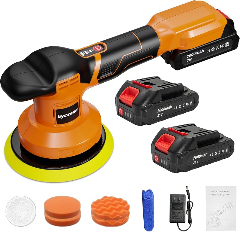 21V Cordless Buffer Polisher Kit, 6 Inch, 2 Batteries, 3-Speed Waxer | Includes 6 extra attachments for car detailing, boat sanding, waxing, polishing and scratch removal.