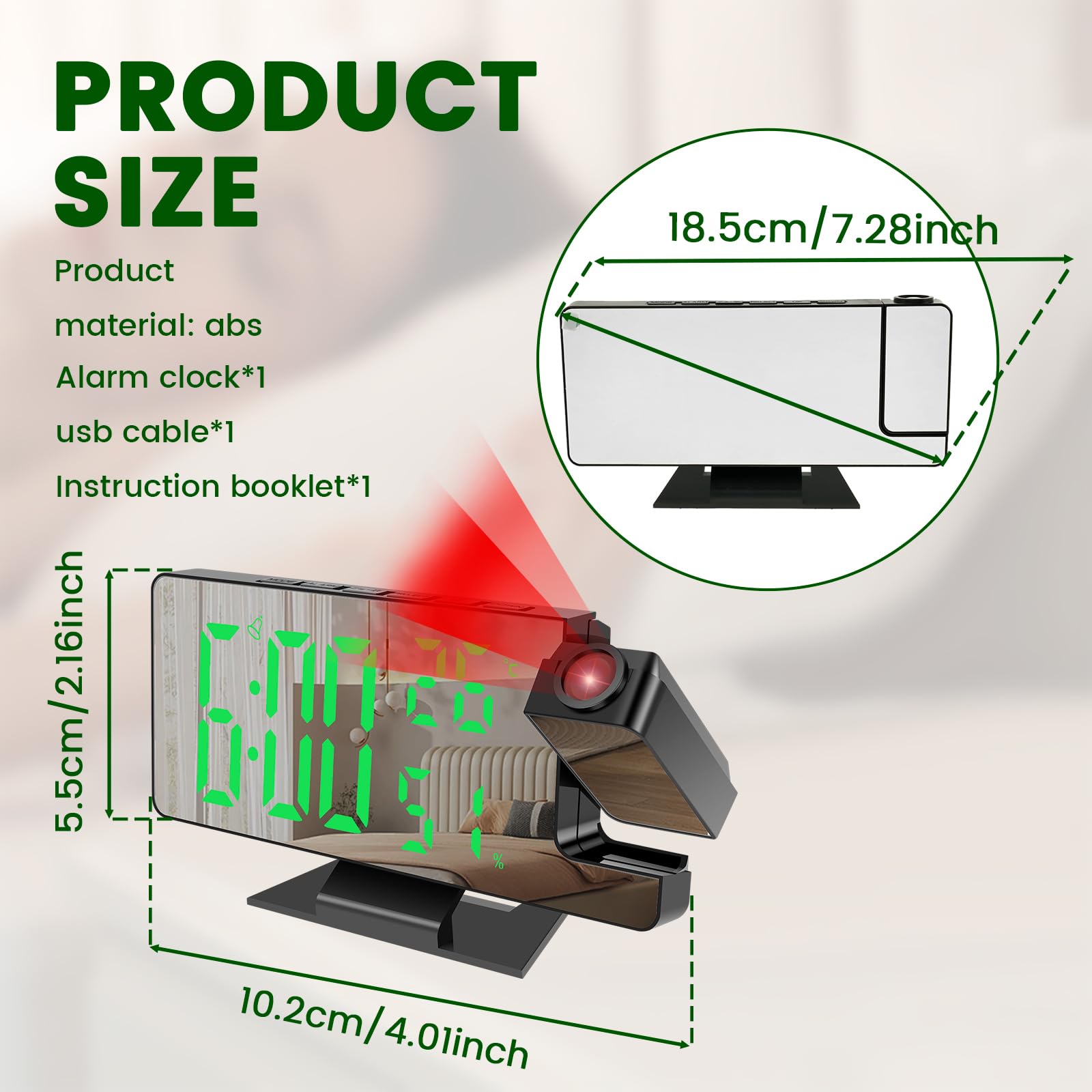 Digitaler Projektionswecker mit 180° drehbarem Projektor, 4 Stufen Dimmbare Spiegelprojektionsuhr, Großes Display Digitale Projektionswecker Projektionswecker Projektionsuhren mit Schlummerfunktion