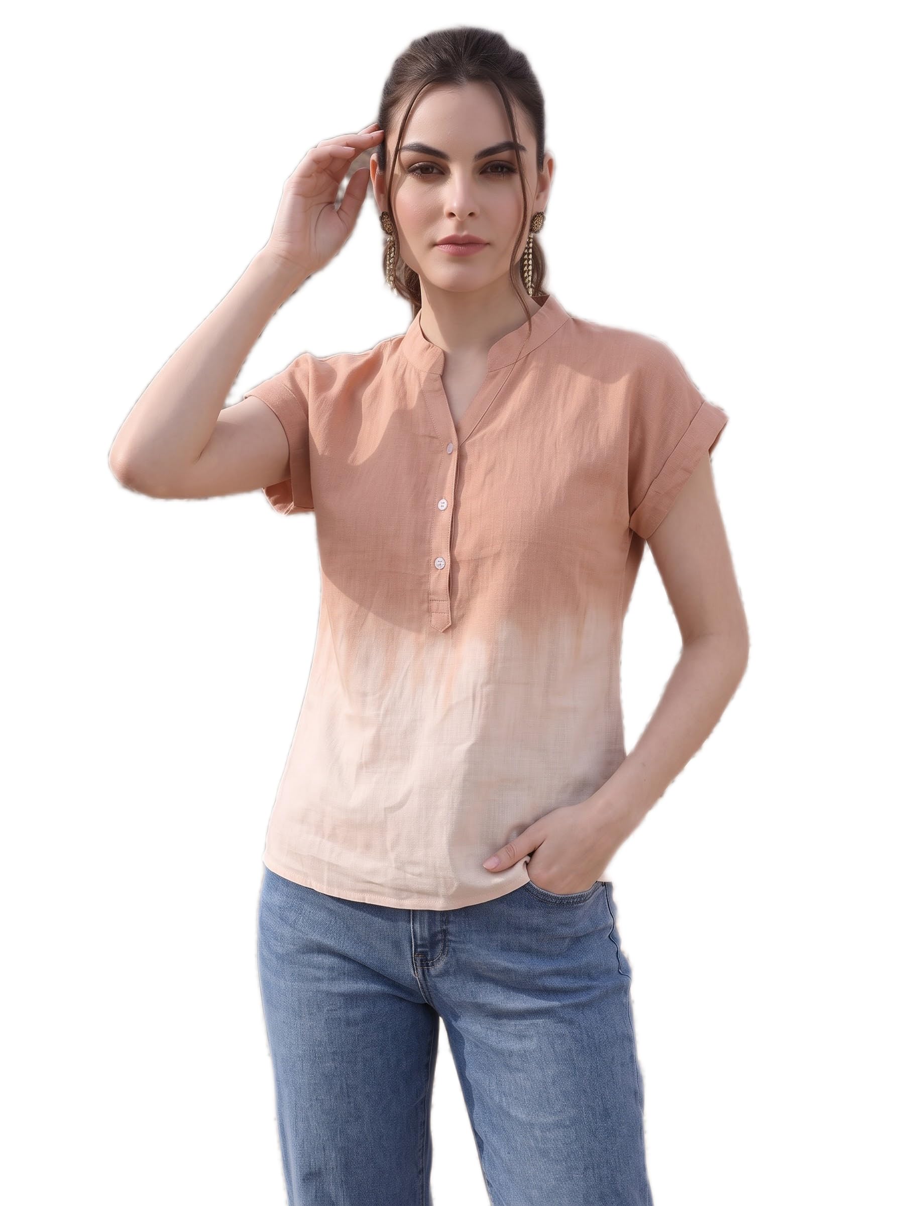 Women's Beige Ombre Top | Short Sleeve Button Down Casual Top-picture-44