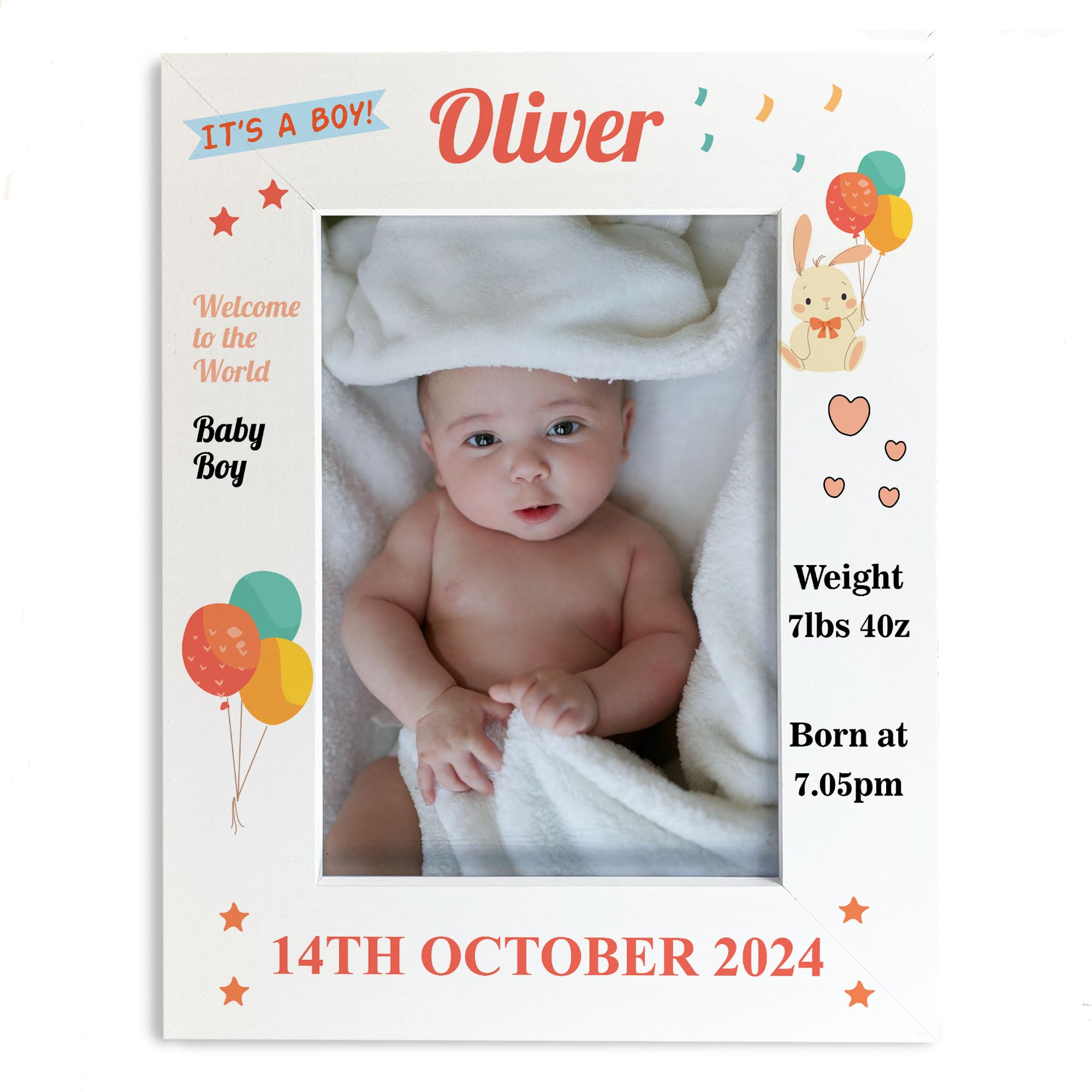 Personalised Baby Boy Photo Frame With Birth Details and Cute Design New Baby Gift Nursery Photo Frame Baby Photo Frame Gift For New Mummy Daddy Keepsake (Design 4)