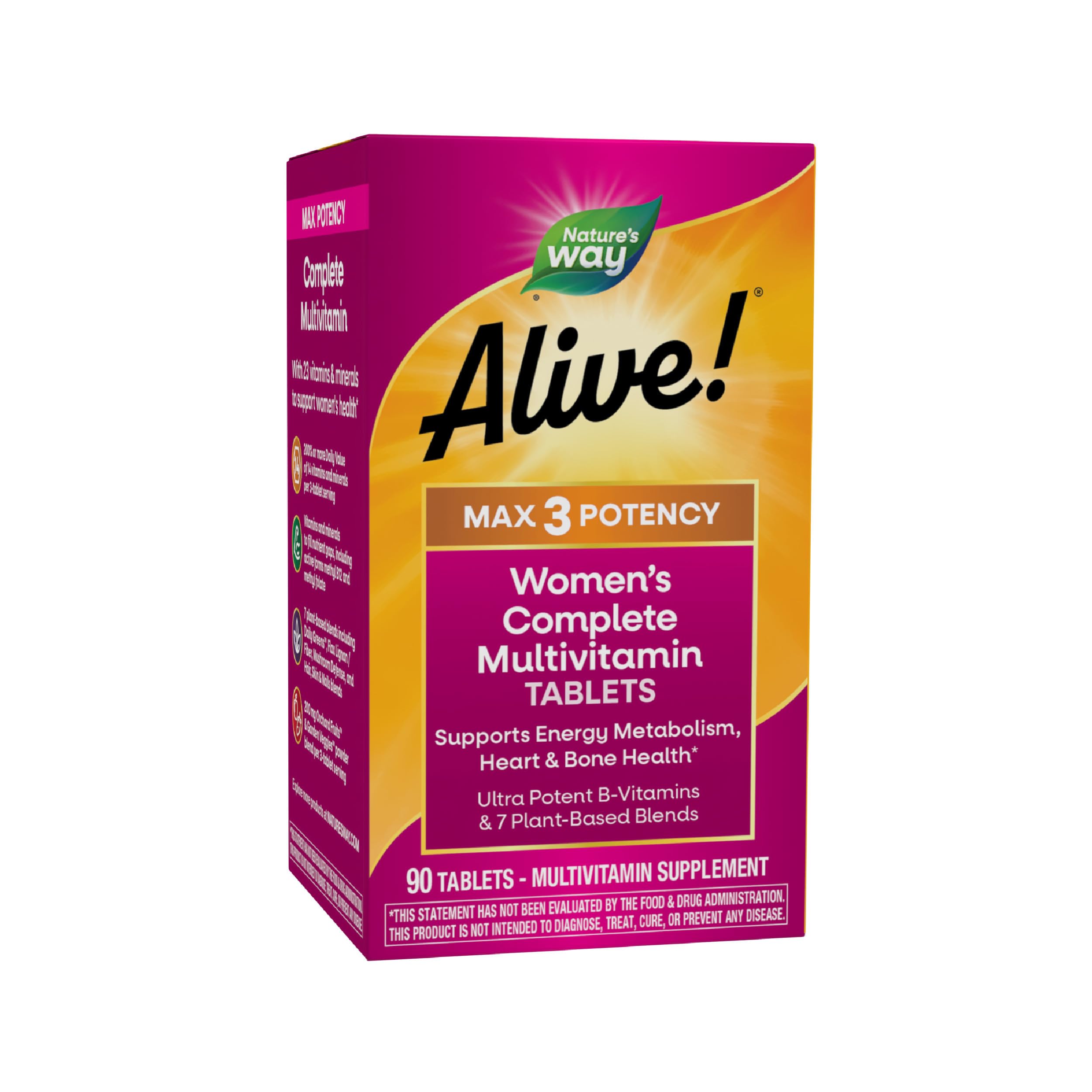 Nature's Way Alive! Max3 Potency Women's Complete Multivitamin, Supports Energy Metabolism, Heart & Bone Health*, with B-Vitamins Including Methylated B12 and Folate, 90 Tablets