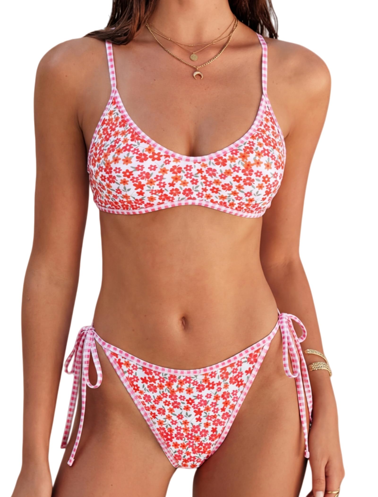 ZAFUL Women's Tie Back Padded High Cut Bralette Bikini Set 2 Piece Swimsuit