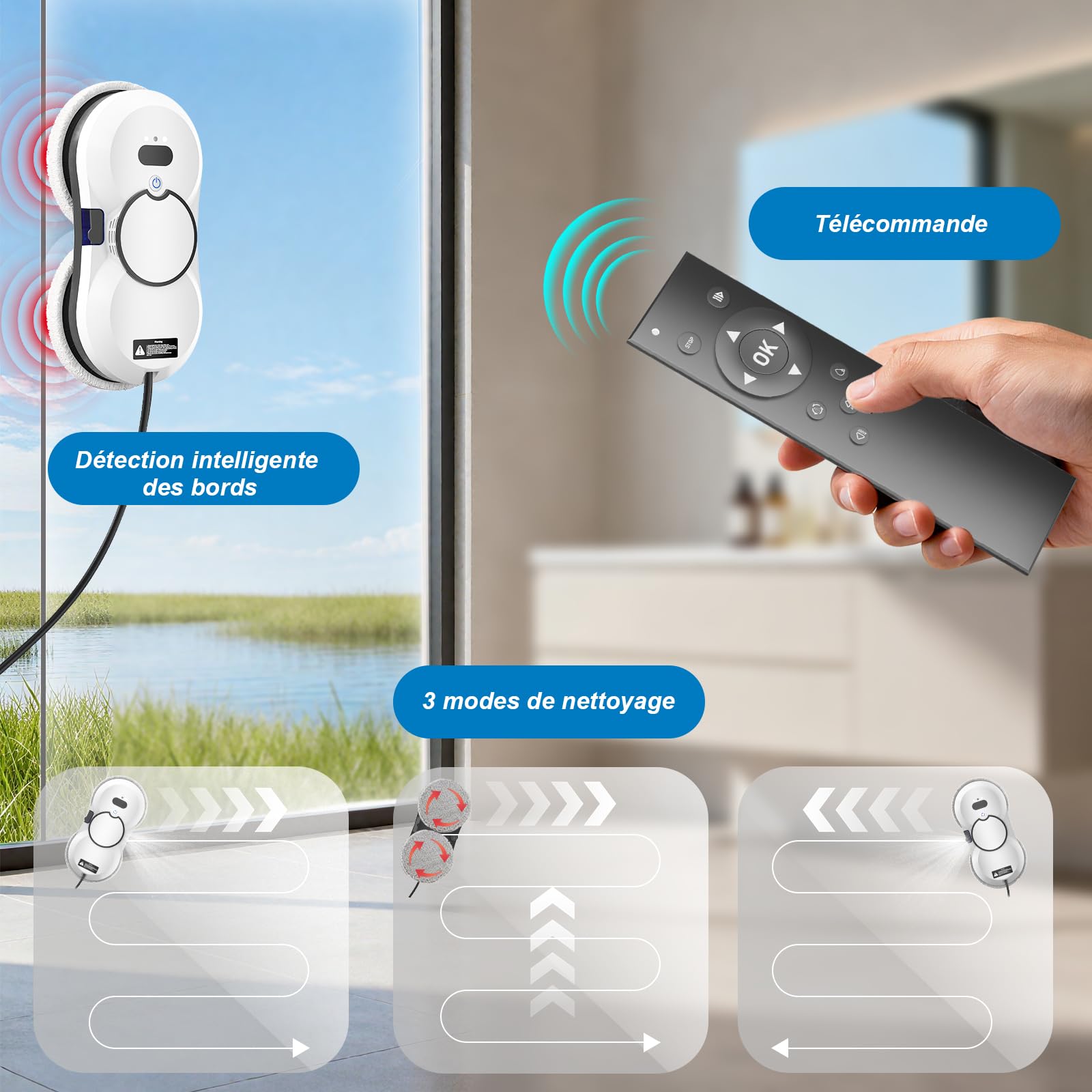 Robot Laveur de Vitre pour Fenêtres avec Cadre, 5600Pa Robot Lave Vitre avec Détection des Bords, Laveur de Vitre Automatique Multi-Surfaces Lisses pour Maison et Bureau, Télécommande + 10 Chiffons