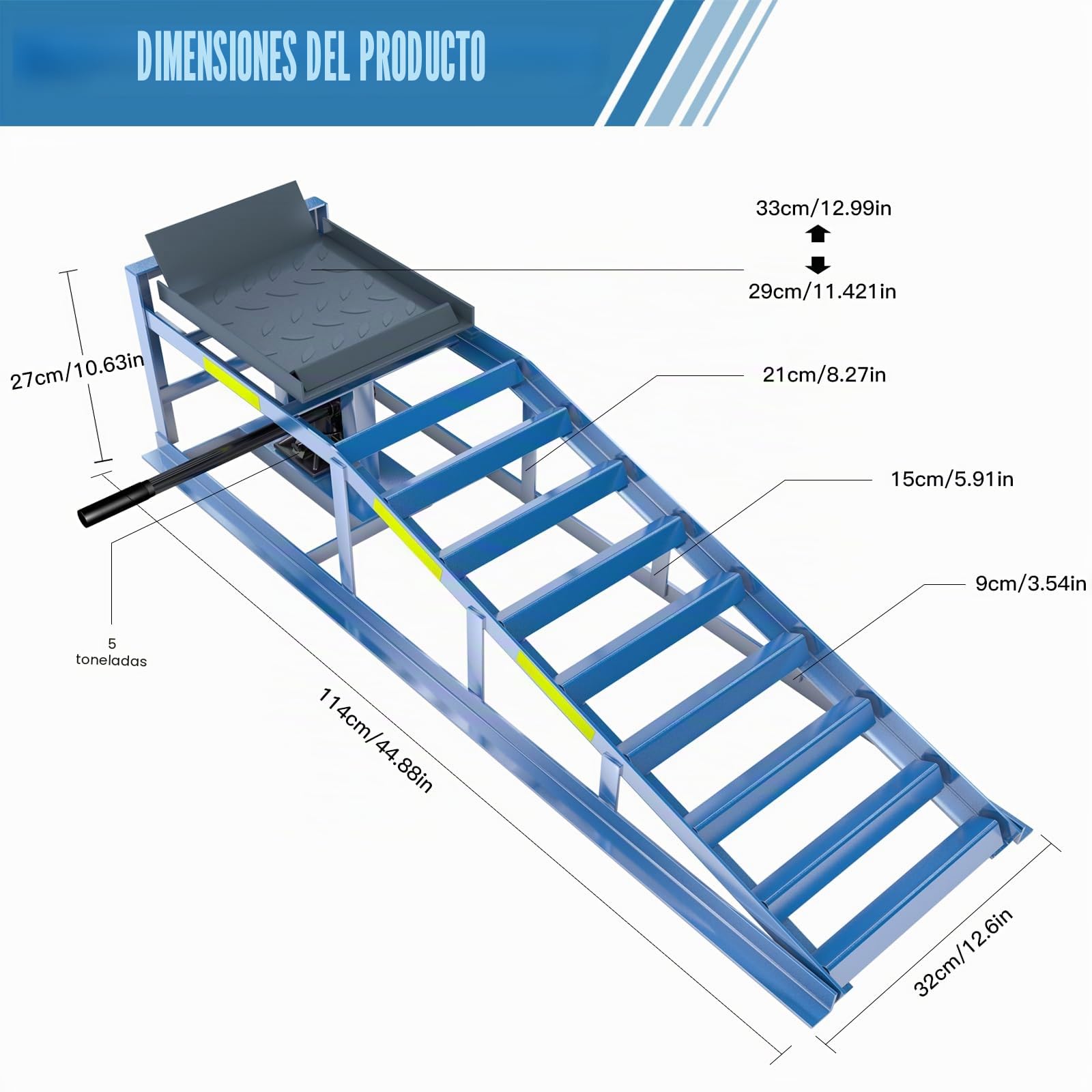 LARBANKE Rampa de acceso con gato hidráulico,5T vehículo de acero hidráulico rampa,Garaje Vehículo Elevador hidráulico con cinta adhesiva reflectante,Altura ajustable