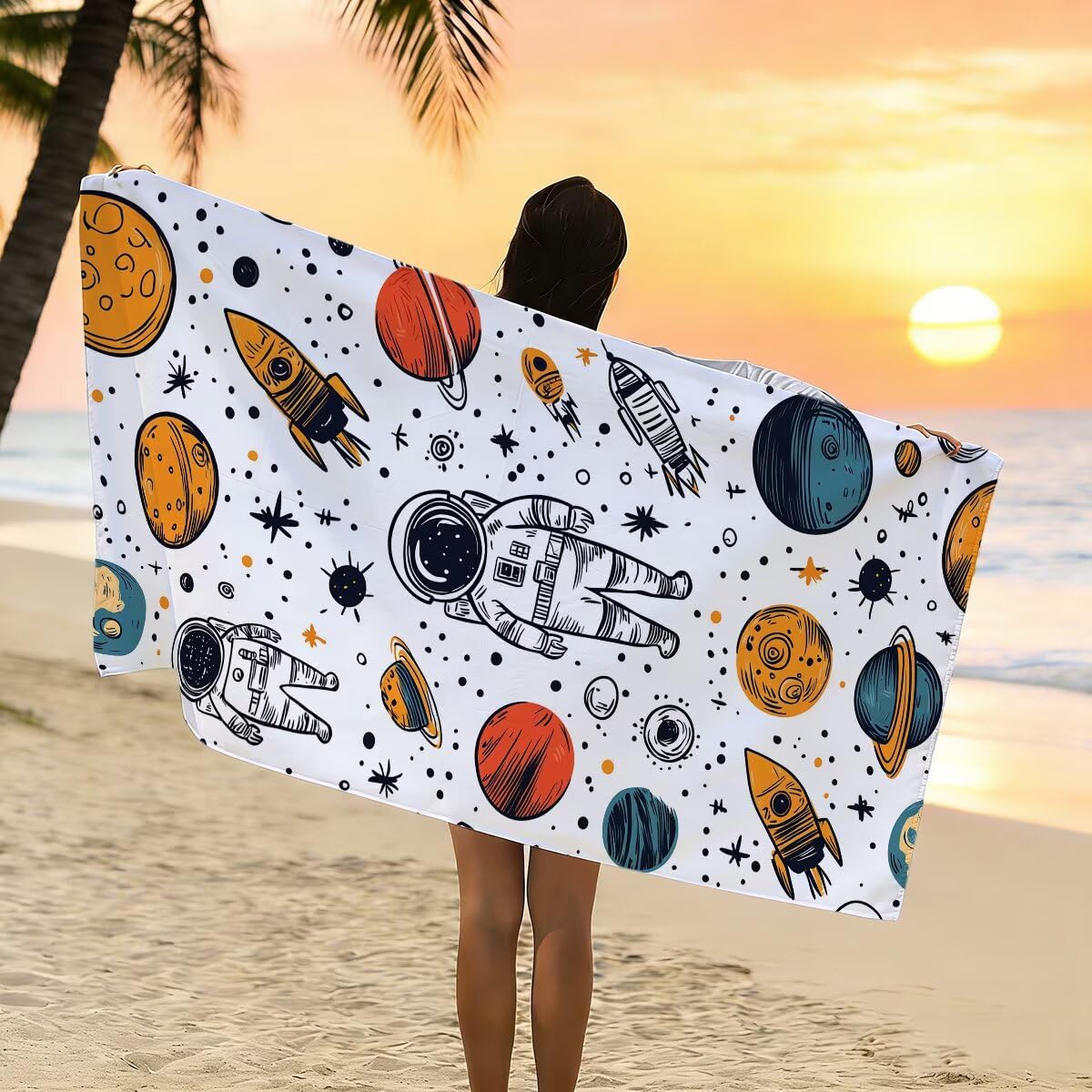 Ręcznik plażowy z mikrofibry, duży ręcznik kąpielowy 90 x 200 cm, zestaw 2 szt. szybkoschnących prześcieradeł kąpielowych astronauty, antypiaskowe ręczniki plażowe z mikrofibry do podróży, prezent dla