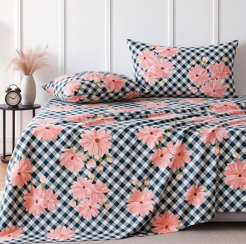 BSB HOME 300 TC Cotton Microfiber XXL Super King Size Bedsheet for Double Bed, Without Joint King Size 108 Inches X 108 Inches, 9 Feet, 275 X 275 cm with 2 Large Size Pillow Covers - Black Pink