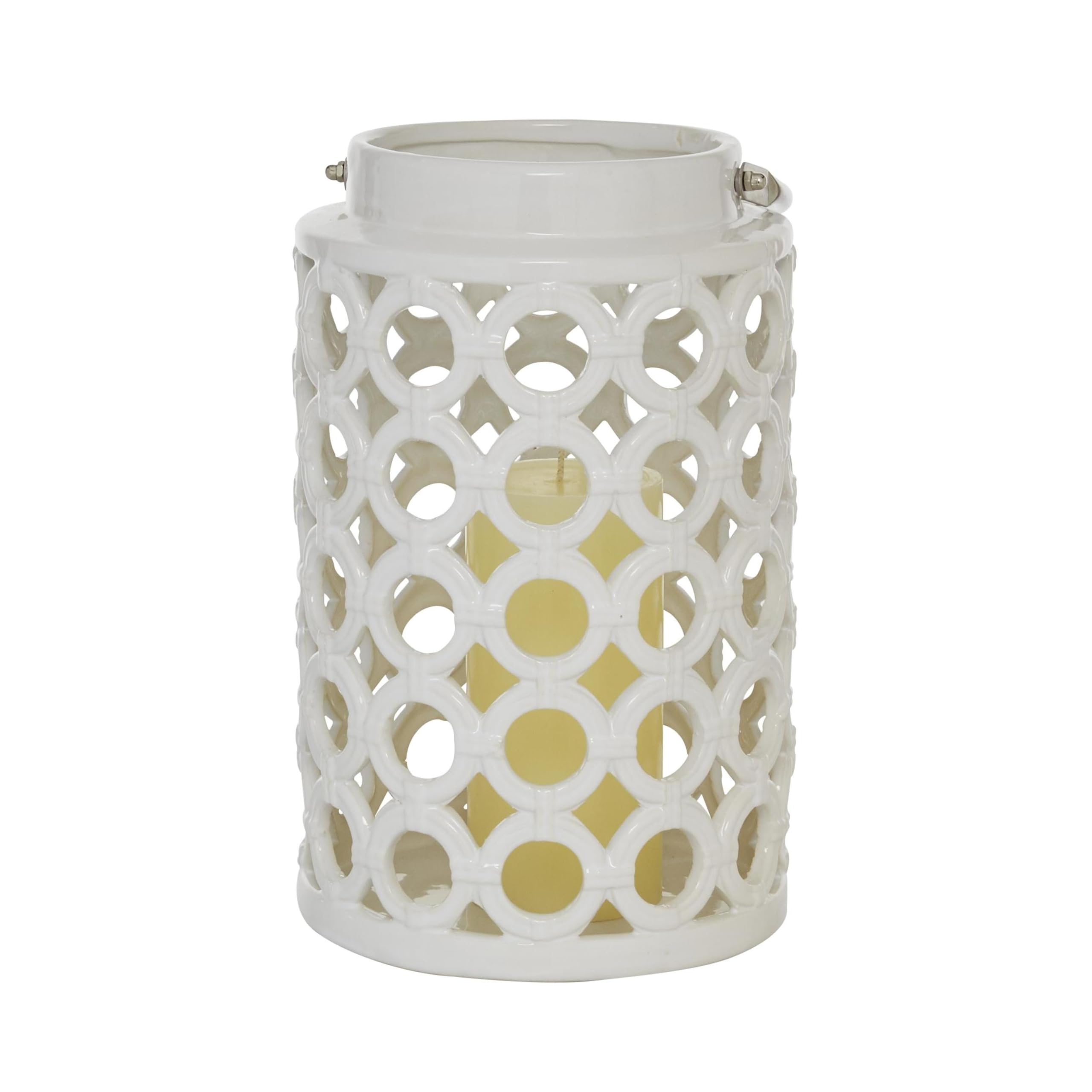 Deco 79 Ceramic Circles Decorative Candle Lantern with Cut Out Design, 7" x 8" x 11", White