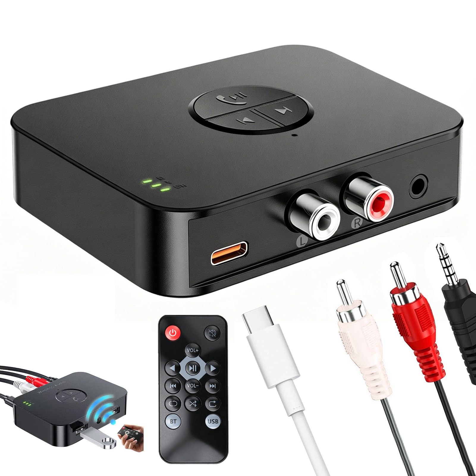 Receptor Bluetooth 6.0 HiFi, Adaptador Audio USB-C Bluetooth Inalámbrico con Jack 3.5 mm y 2RCA para Tablet Smartphone Coche Altavoz Stereo, Conexión Estable y Baja Latencia