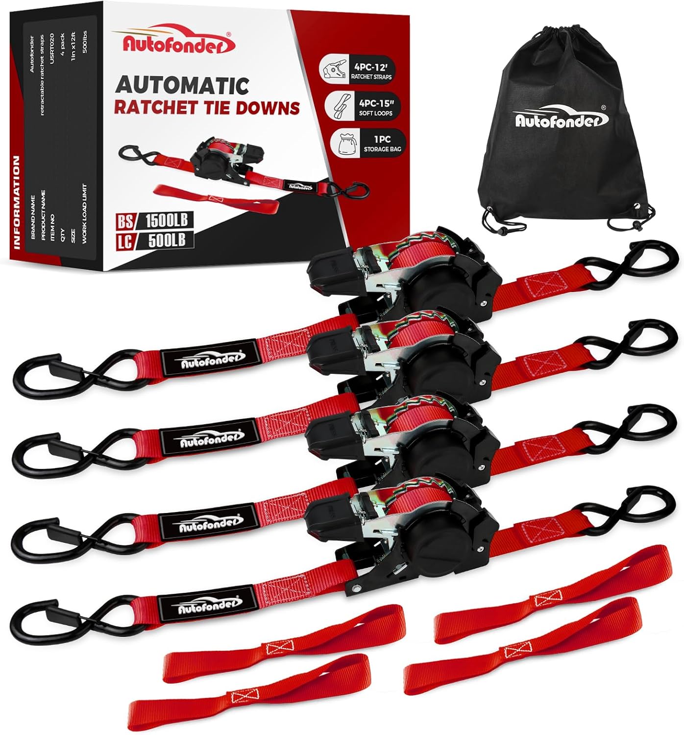 Heavy Duty Ratchet Tie Down Straps 1in x 15ft - 4 Pack Motorcycle Tie Downs with Soft Loops &Bungee Cords -1500LBS Break Strength - Cargo Straps with Safety Lock S Hooks for ATV, Dirt Bike