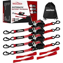 Heavy-Duty Retractable Ratchet Straps 4-Pack 1500 lb Break Strength Auto Self-Retracting Tie-Down Straps 1 inch x 12 Feet with Soft Loops, for Truck Motorcycle ATV Cargo Trailer