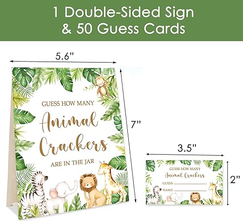 Miniatura 2 de Tarjetas de juego de adivinanzas de la selva de safari, cuántas galletas de animales adivinando, 50 tarjetas y letrero a juego, baby shower de