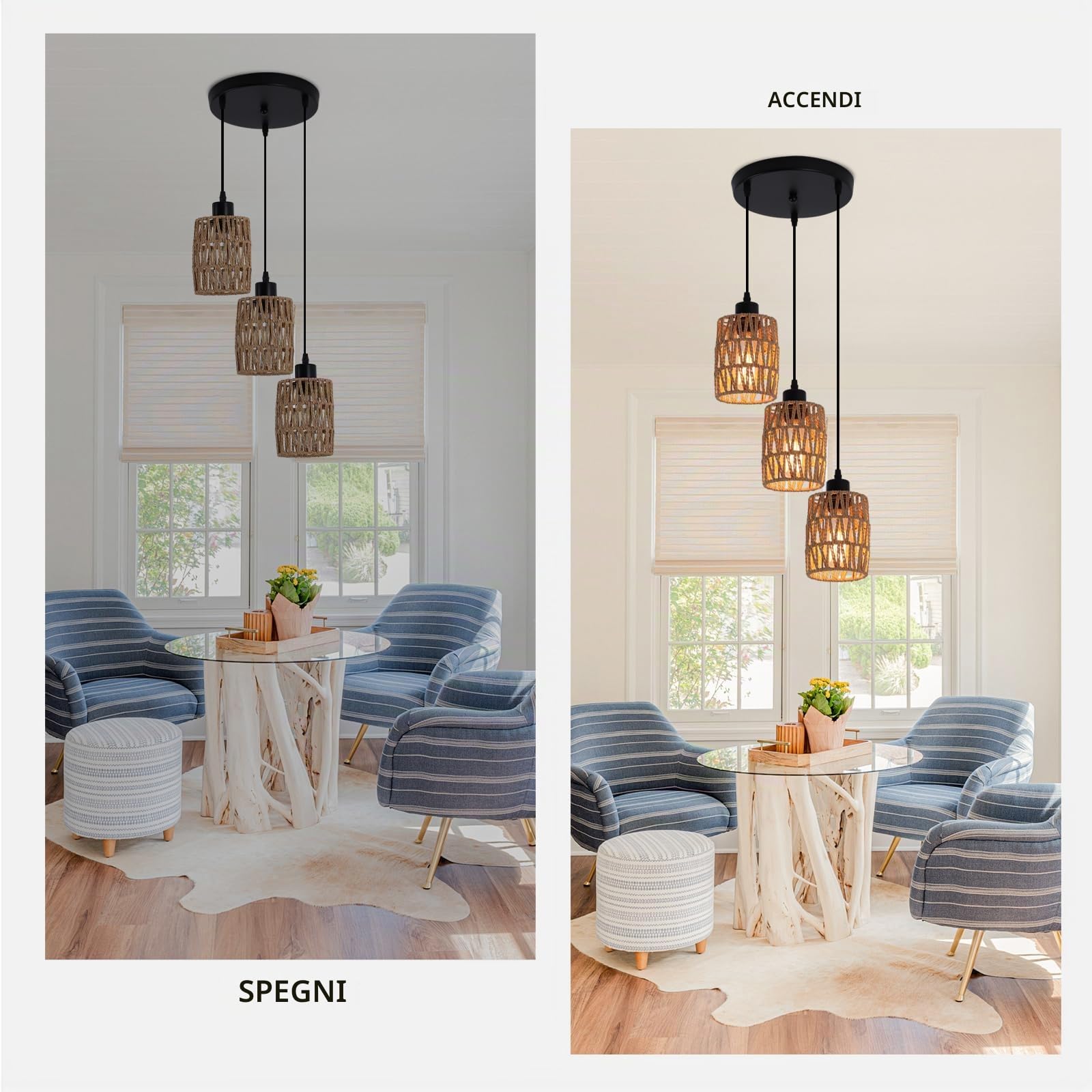 Lampadario a Sospensione Rattan Boho 3 Luci Altezza Regolabile | Intrecciato a Mano con Rattan Naturale, Stile Rustico Vintage, Perfetto per Sala da Pranzo, Cucina e Soggiorno
