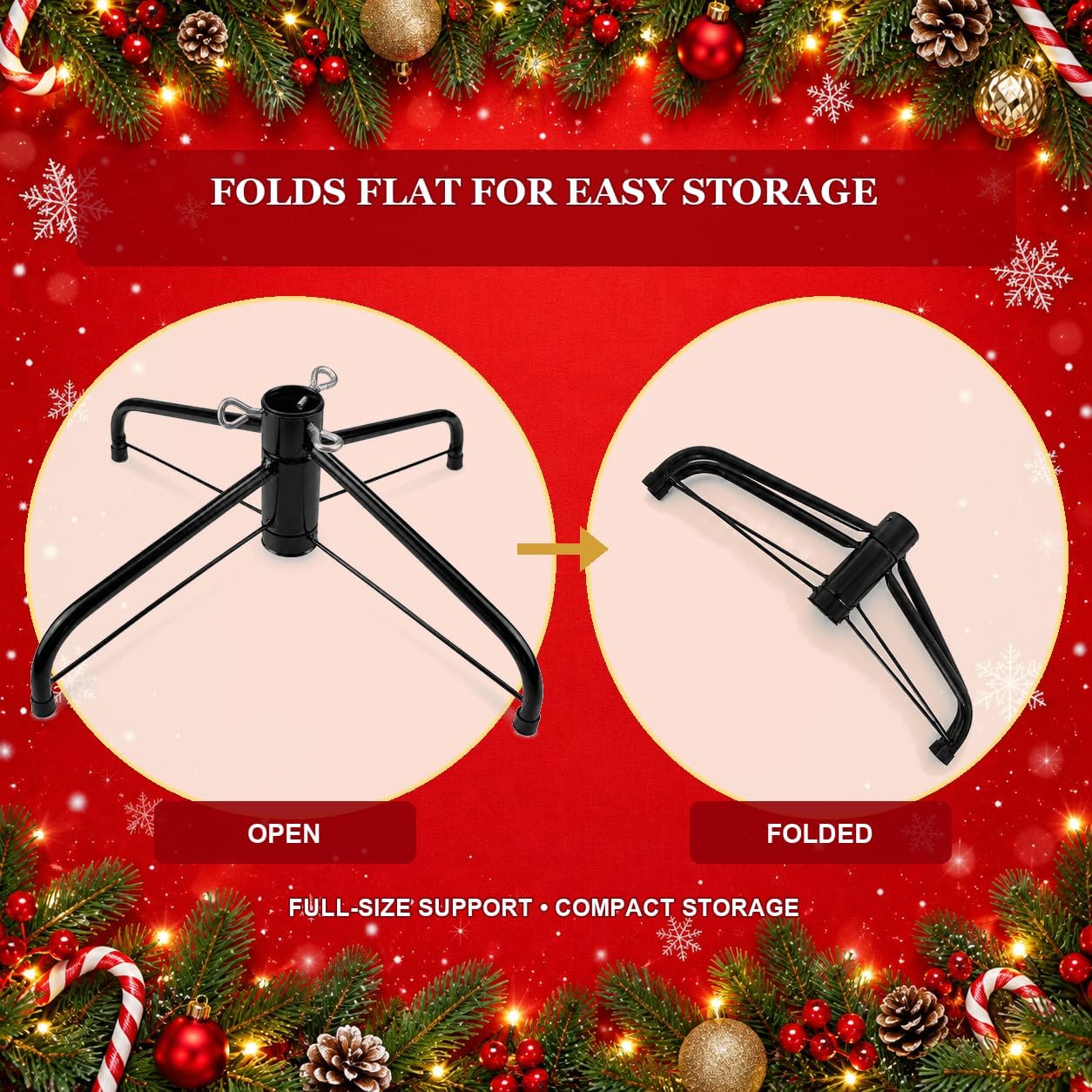 Christmas Tree Stand, Heavy Duty Metal Christmas Tree Base with Adjustable Eye Bolts, Stable Folding Tree Stand for 3-7 FT Christmas Trees，Fits 0.5-1.35 Inch Pole