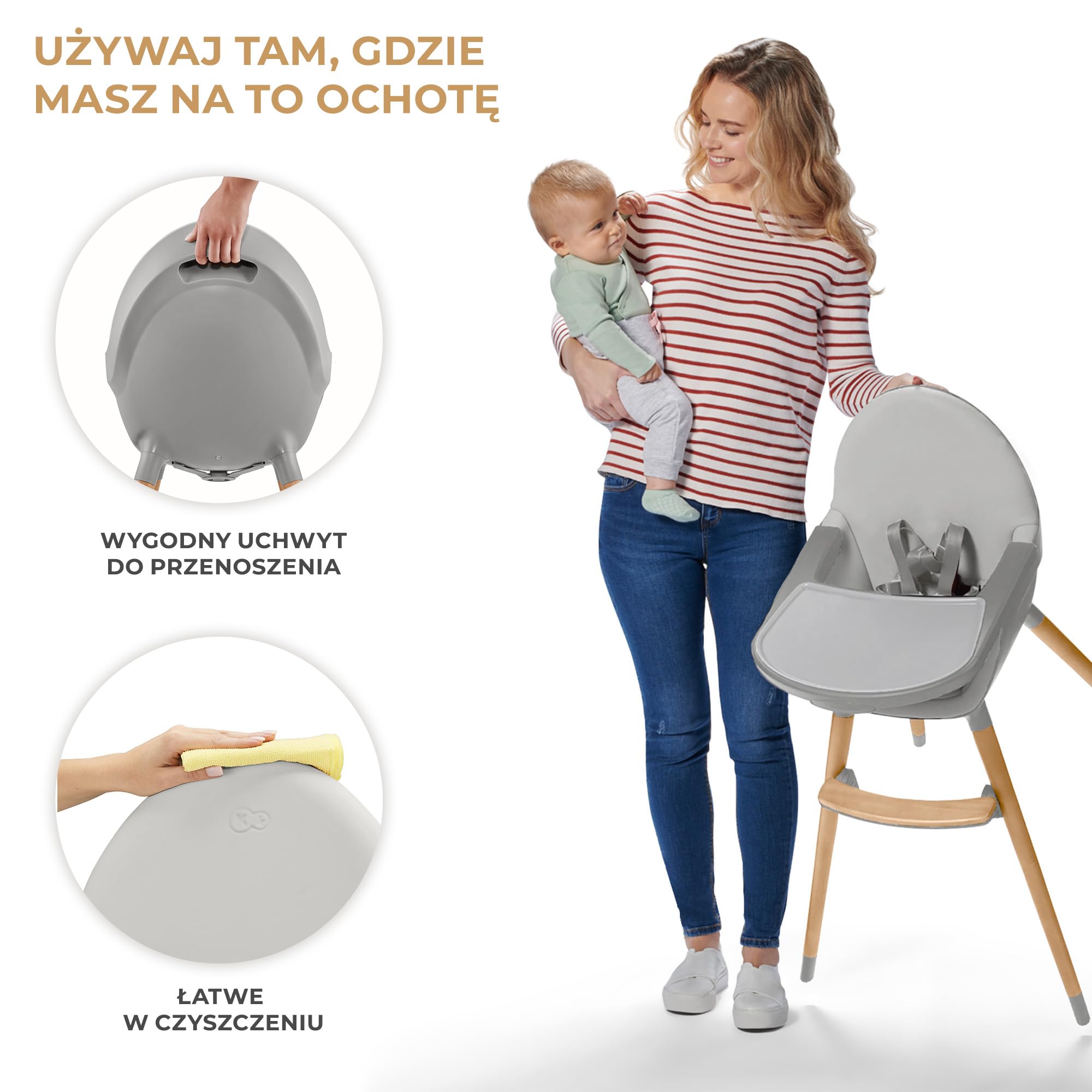 Kinderkraft Krzesełko do karmienia FINI2 2w1, Krzesło dla starszaka, Regulowana zdejmowana tacka, Drewniane antypoślizgowe nożki, 5-Punktowe pasy bezpieczeństwa, Łatwy w czyszczeniu, Szary