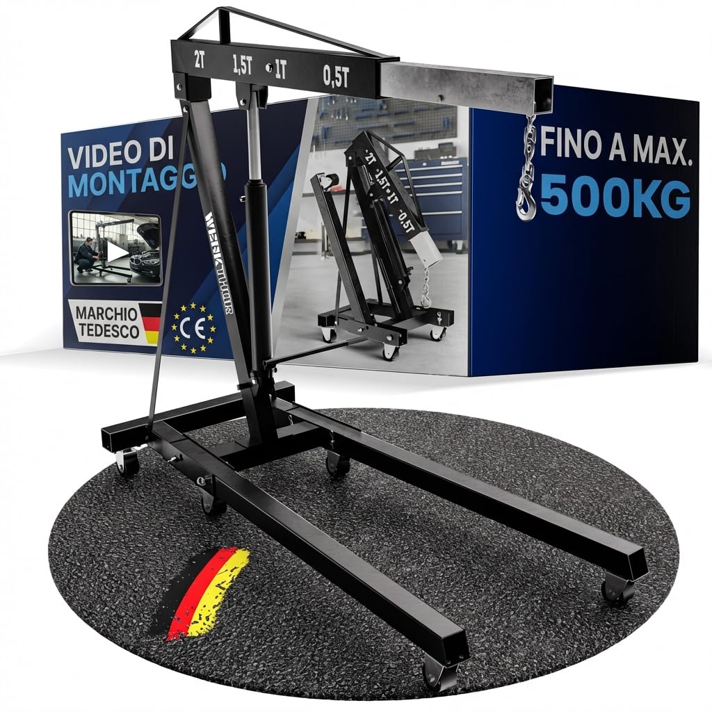 WERKTHOR Grúa de taller – 500 kg de grúa hidráulica no plegable – grúa de motor para coche negro con 4 ruedas y cadena equilibradora – elevador de motor para desmontaje de motor – taller y hobby
