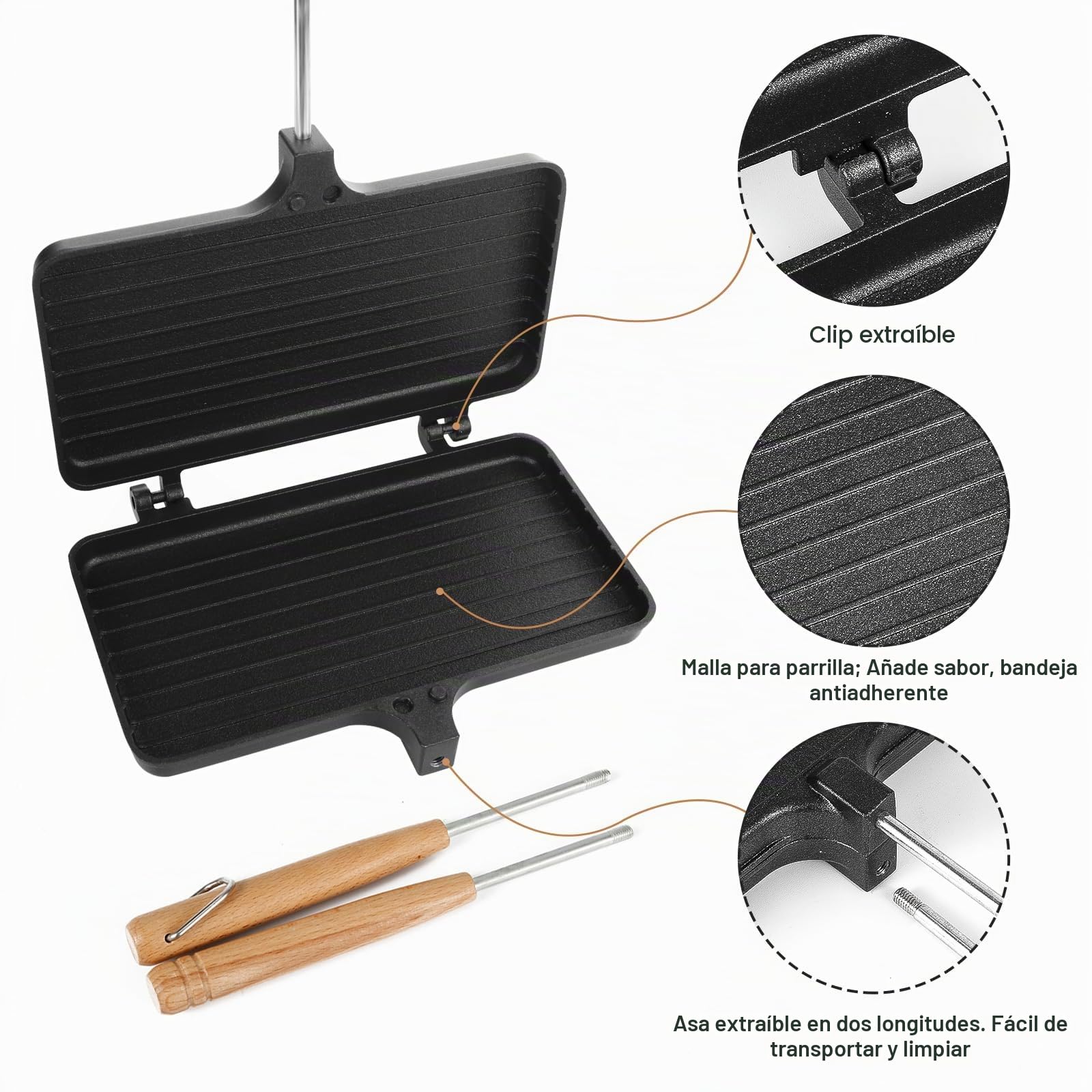 PEUTIER Sandwicheras Doble, Antiadherente Sarten para Tortitas para Camping de Hierro Fundido con 4 Asas Extraíbles Portátil Para Hacer Pasteles de Montaña Equipo de Cocina para Fogata