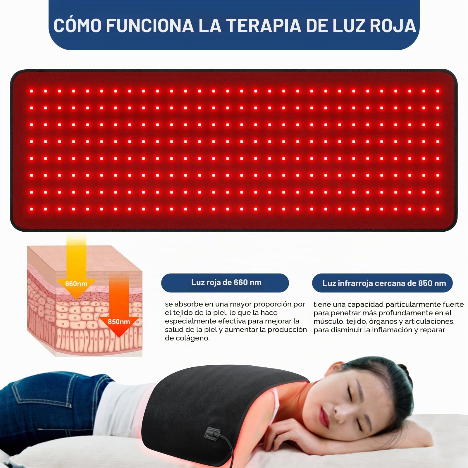 Almohadilla de terapia de luz roja 31.5x11.8 pulgadas, tapete grande 660 nm y 850 nm, dispositivo envolvente para hombros, cintura y todo el cuerpo