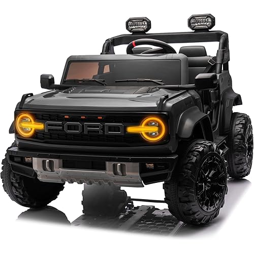 24V Ride on Toy for Big Kids,Ford Bronco Raptor 2 Seater Elecrtic Car for Kids with Remote,Battery Powered Car 4 Wheels with Spring Suspension,LED Light,Bluetooth,3 Speeds (24V, Black)