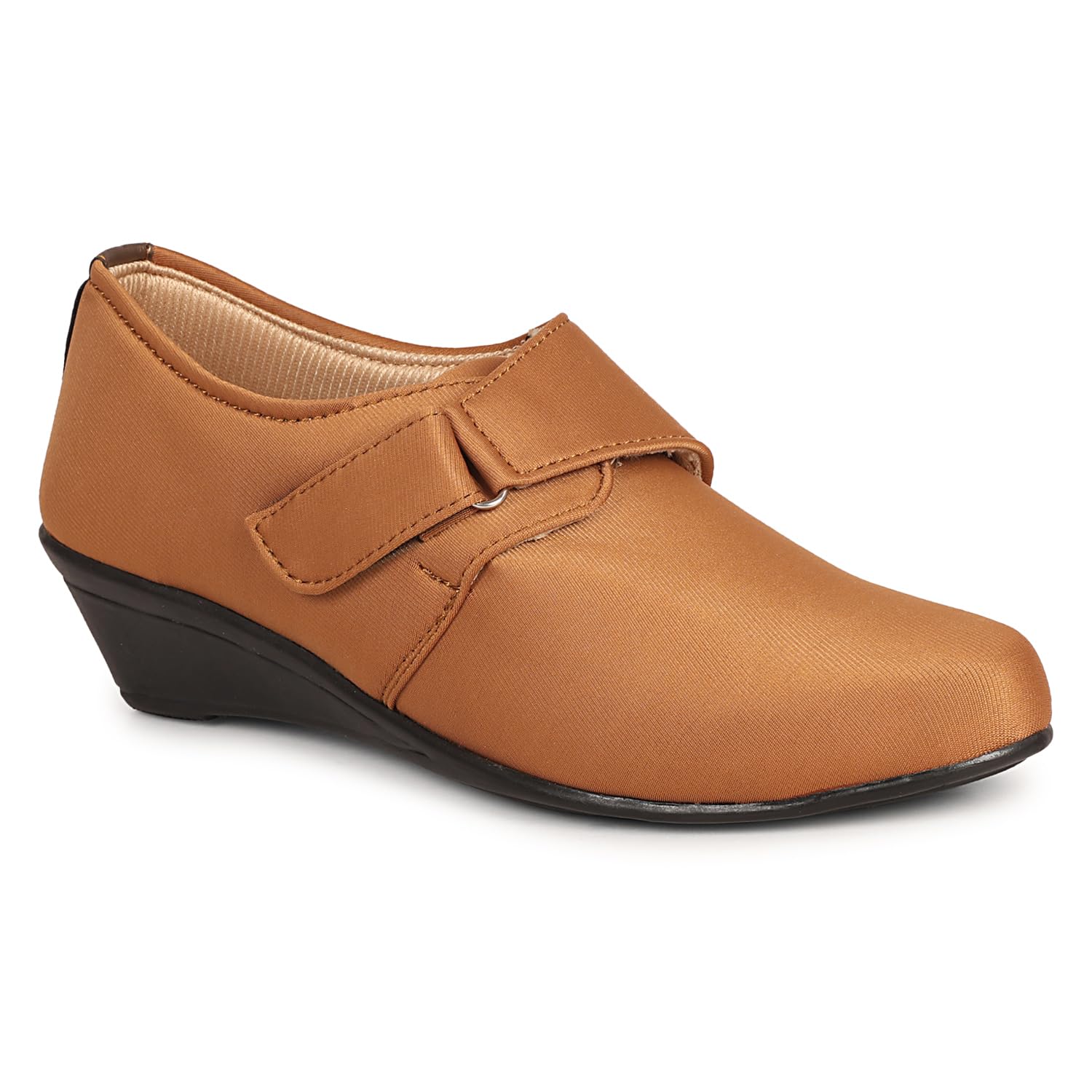 Women's Black Fabric Wedge Heel Monk Strap Shoes – Velcro Buckle Comfort Loafers for Casual & Office Wear-image-6