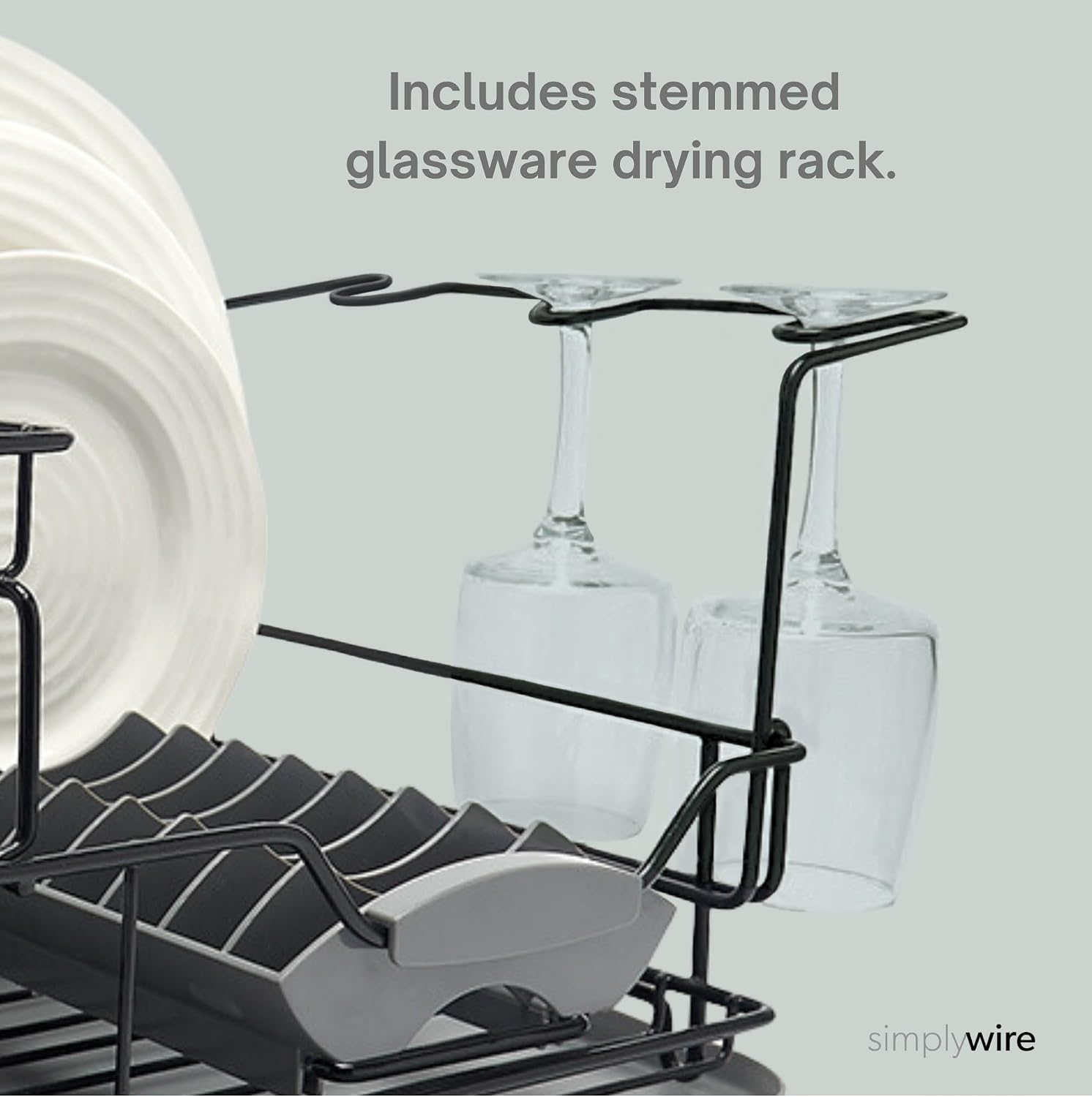 simplywire – Two Tier Dish Drainer – Removable Over Sink Plate Drying Rack, Wine Glass Holder & Cutlery Basket - Black image 3