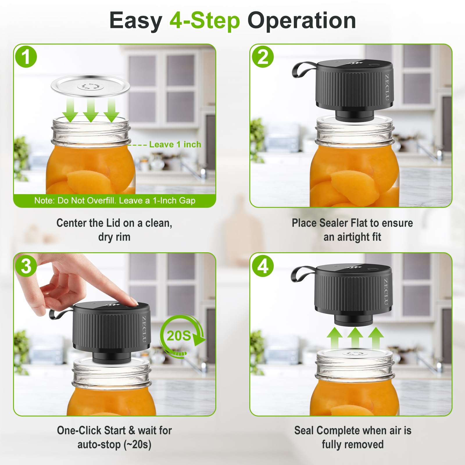 Electric Mason Jar Vacuum Sealer Kit, Automatic Jar Sealer for Wide and Regular Mouth Mason Jars, Portable Cordless Vacuum Sealer for Canning and Food Storage, Includes 20 Lids, 24 Labels, Black - 3