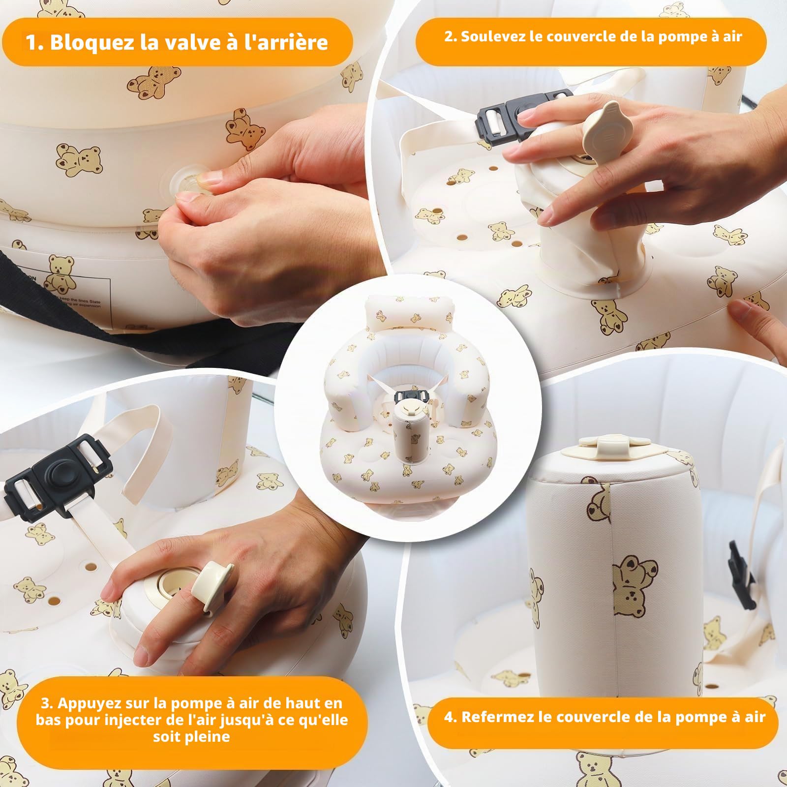 Siège Gonflable Pour Bébé de 3 Mois Plus, Chaise Gonflable Bebe avec Ceinture de Sécurité, Dispositif d'assistance à la Siège Pour Tout-petits Pliable, avec Pompe Intégrée (Ours)