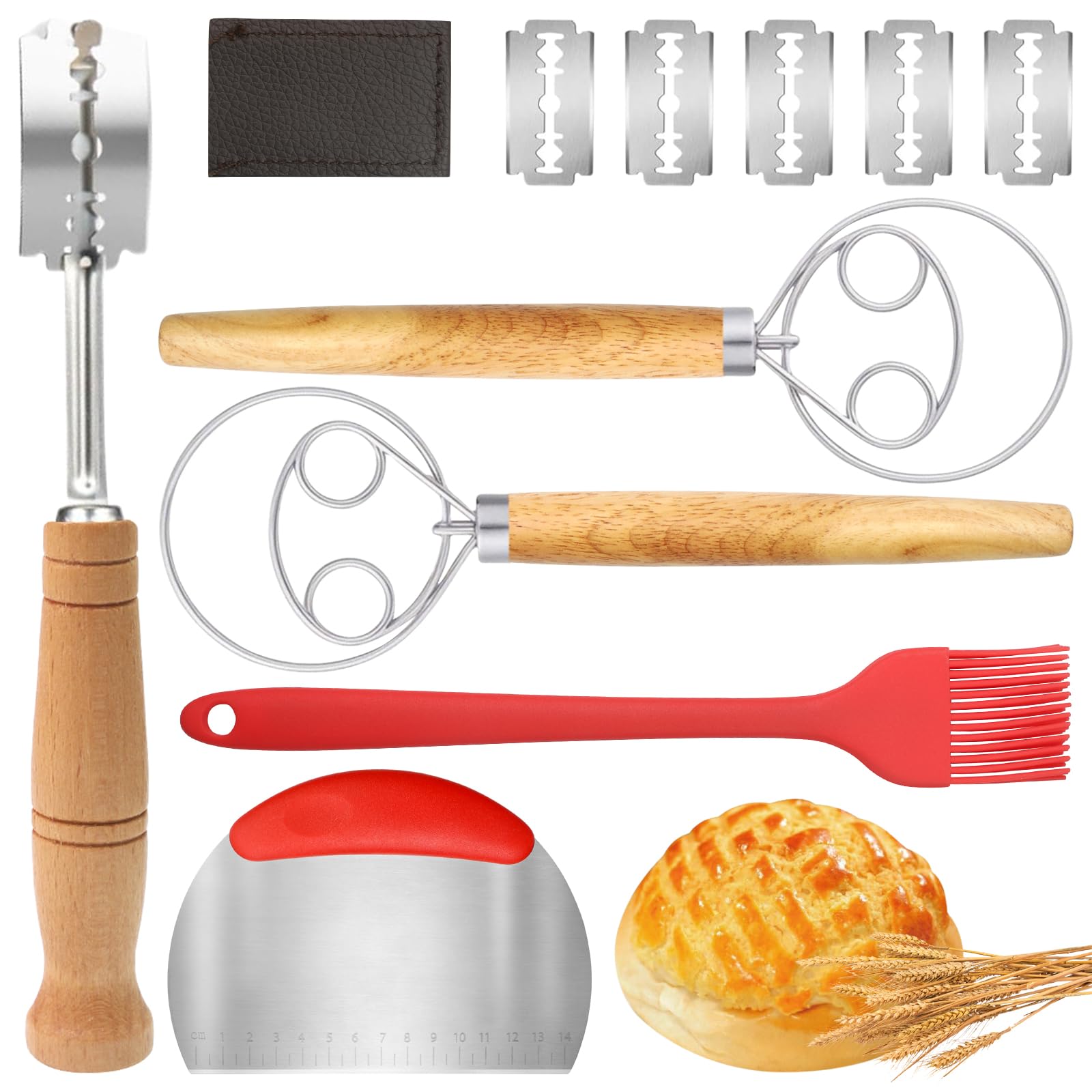 Yuyueda Bread Lame Cutter Set of 5 - Bread Scoring Knife with 5 Replaceable Blades & Protective Cover, 10 Inch Dough Whisk, Dough Cutter, Pastry Brush for Home Sourdough Making (5, Basic Set)