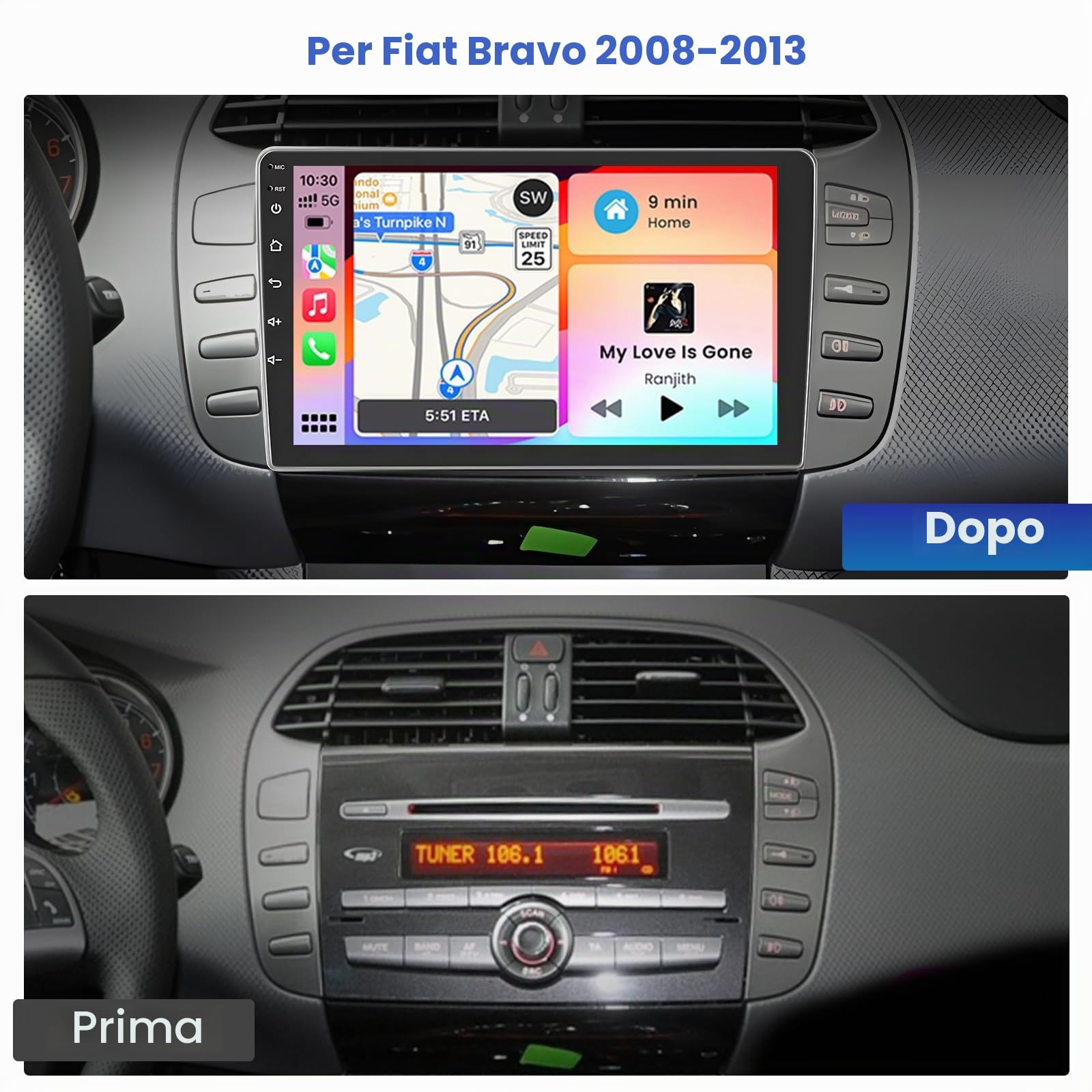 Inefala 2G+64G Android Autoradio per Fiat Bravo 2008-2013, 9" Touchscreen Stereo Auto Bluetooth con Wireless Carplay & Android Auto GPS/WiFi/RDS/FM Mic Retrocamera