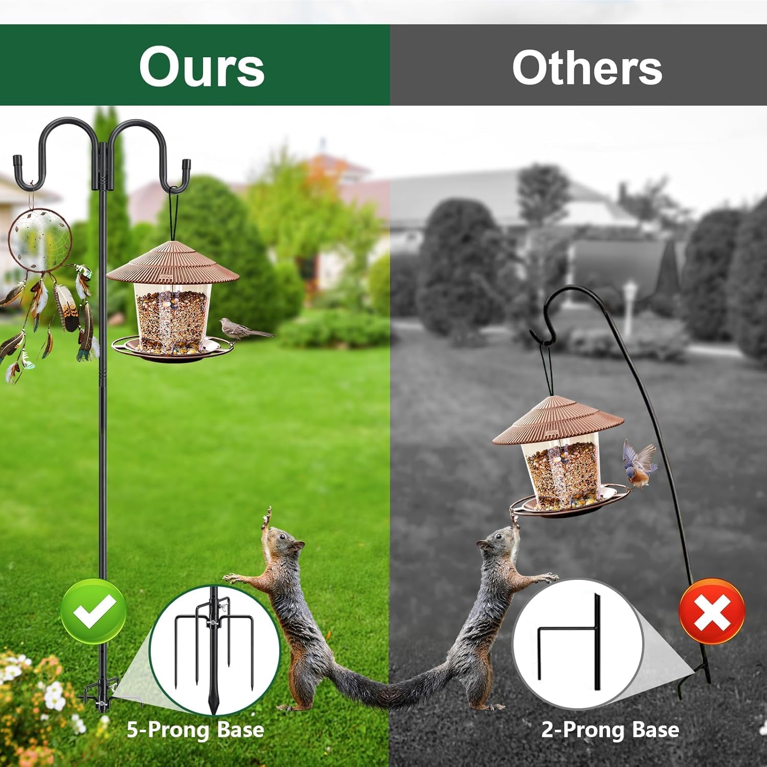 Garden Schäferhaken, 170cm Heavy Duty Garten Doppelhaken Mit 5 Prong Rust Resistant Base Shepherds Crook Hook, Vogelfutterspender Stange für Pflanzenkörben, Laternen/Mattschwarz