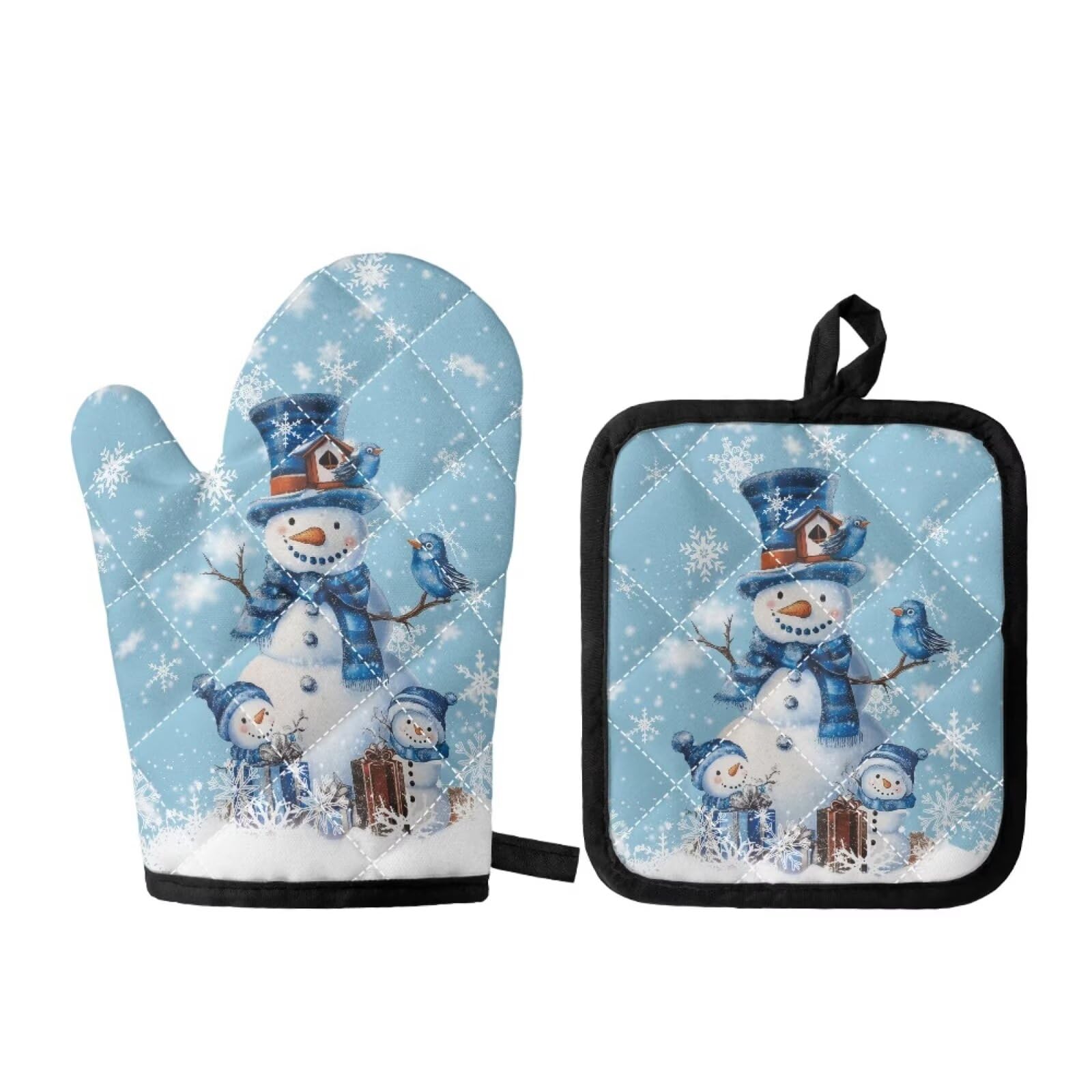 BIGCARJOB Blue Snowman Oven Mitts Pot Holders Set of 2 Pcs Cute Cooking Gloves Pot Mats Kitchen Set for Christmas BBQCooking Baking Grilling Christmas Decorative