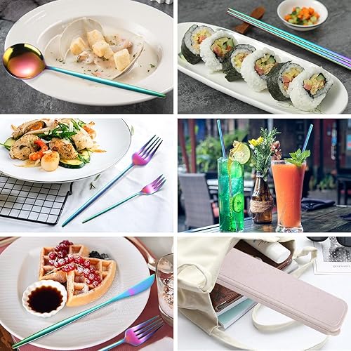 Miniatura 4 de AARAINBOW Juego de cubiertos de acero inoxidable de 8 piezas, portátil, reutilizable, juego de utensilios de viaje, incluye palillos, cuchillo,