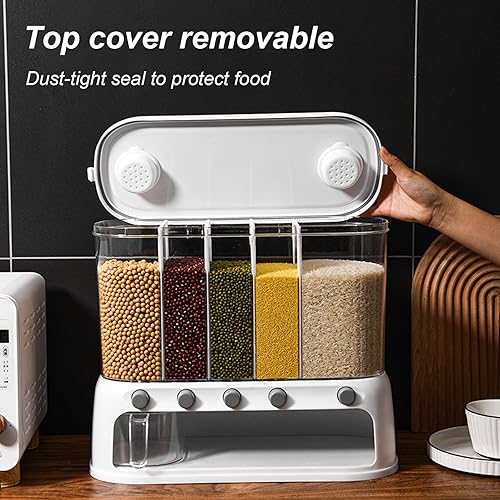 Miniatura 5 de Yuehuam Dispensador de alimentos secos, 12L montado en la pared, dispensador de granos de 5 rejillas, contenedor de almacenamiento de cereales y